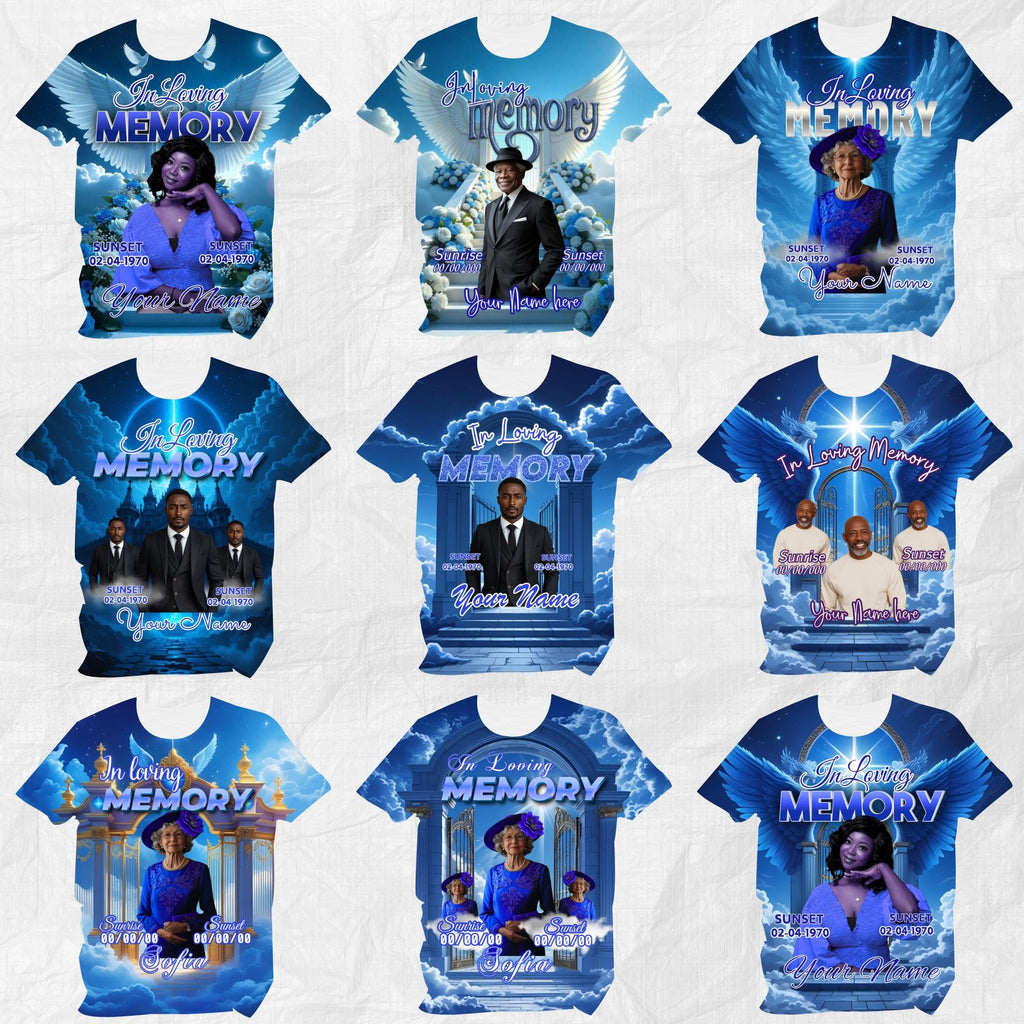 20 In Loving Memory Blue Canva Editable All Over T Shirt Templates, In Loving Memory Template, Rest in Peace, Memorial Editable Shirt Design - Editable Memorial Canva Template