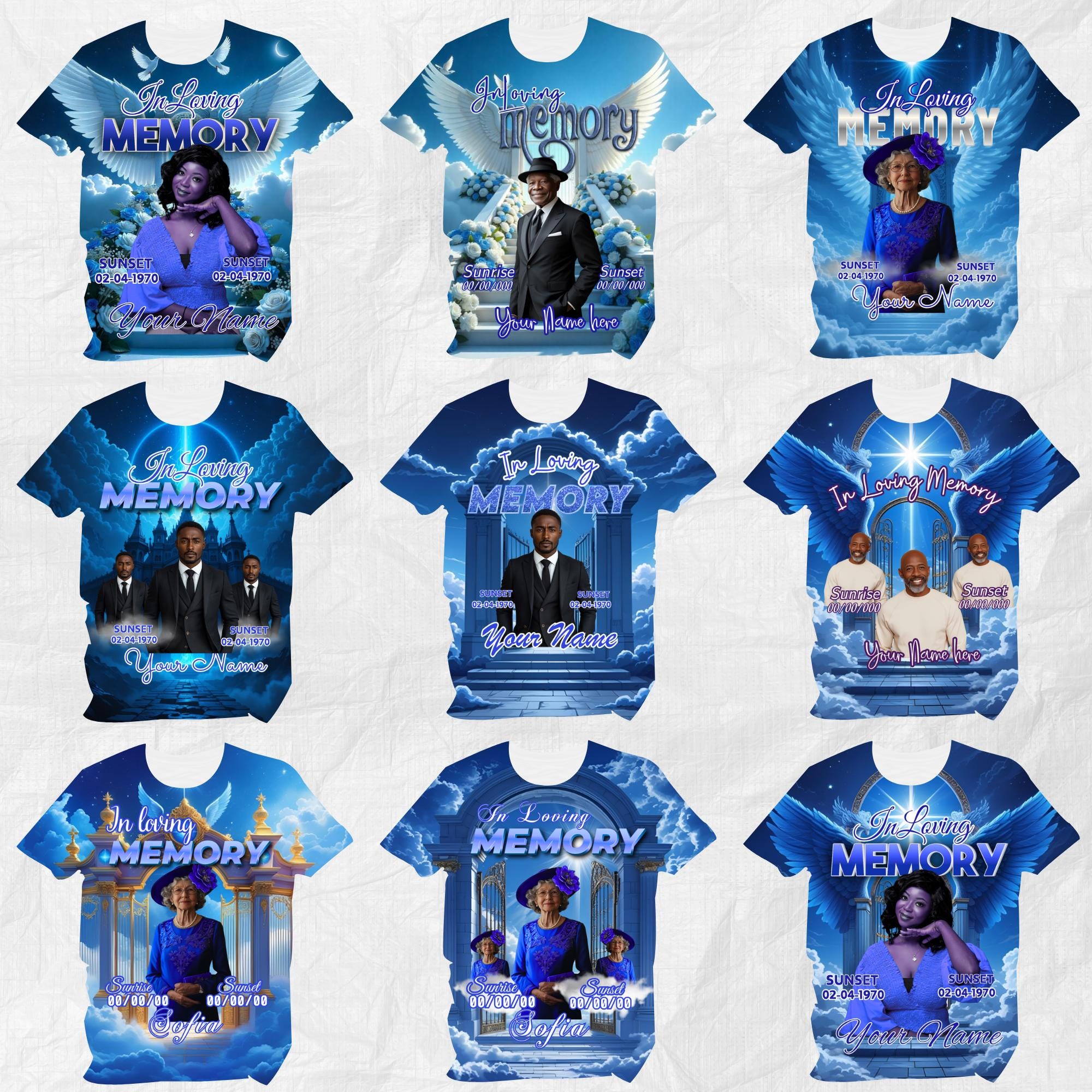 20 In Loving Memory Blue Canva Editable All Over T Shirt Templates, In Loving Memory Template, Rest in Peace, Memorial Editable Shirt Design - Editable Memorial Canva Template
