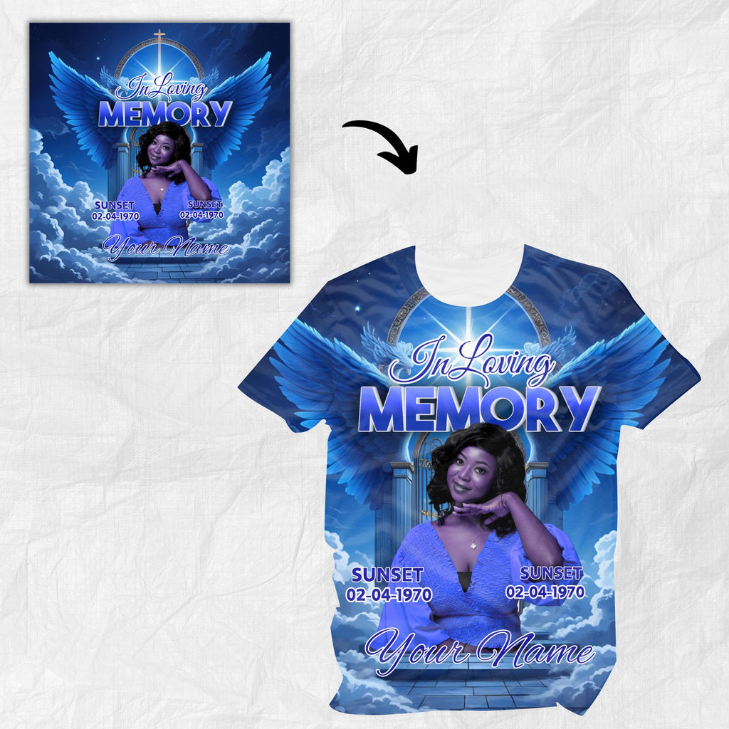 20 In Loving Memory Blue Canva Editable All Over T Shirt Templates, In Loving Memory Template, Rest in Peace, Memorial Editable Shirt Design - Editable Memorial Canva Template