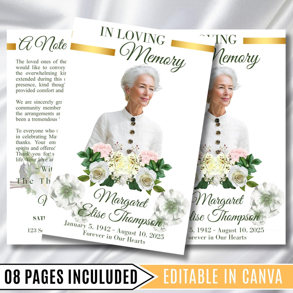 8 Pages Funeral Program Editable Template, Bi-Fold Funeral Program, Obituary Celebration Of Life Program, In Loving Memory, Digital Download - Editable Memorial Canva Template