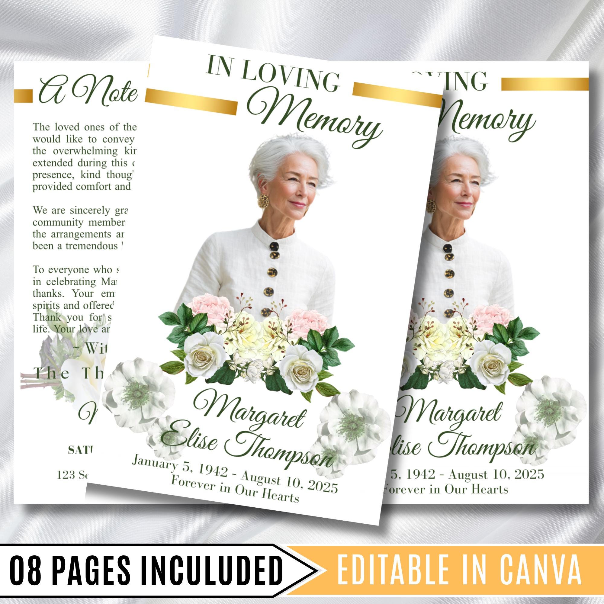 8 Pages Funeral Program Editable Template, Bi-Fold Funeral Program, Obituary Celebration Of Life Program, In Loving Memory, Digital Download - Editable Memorial Canva Template