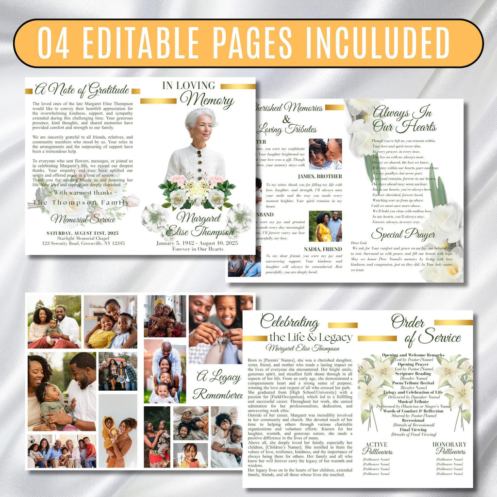 8 Pages Funeral Program Editable Template, Bi-Fold Funeral Program, Obituary Celebration Of Life Program, In Loving Memory, Digital Download - Editable Memorial Canva Template
