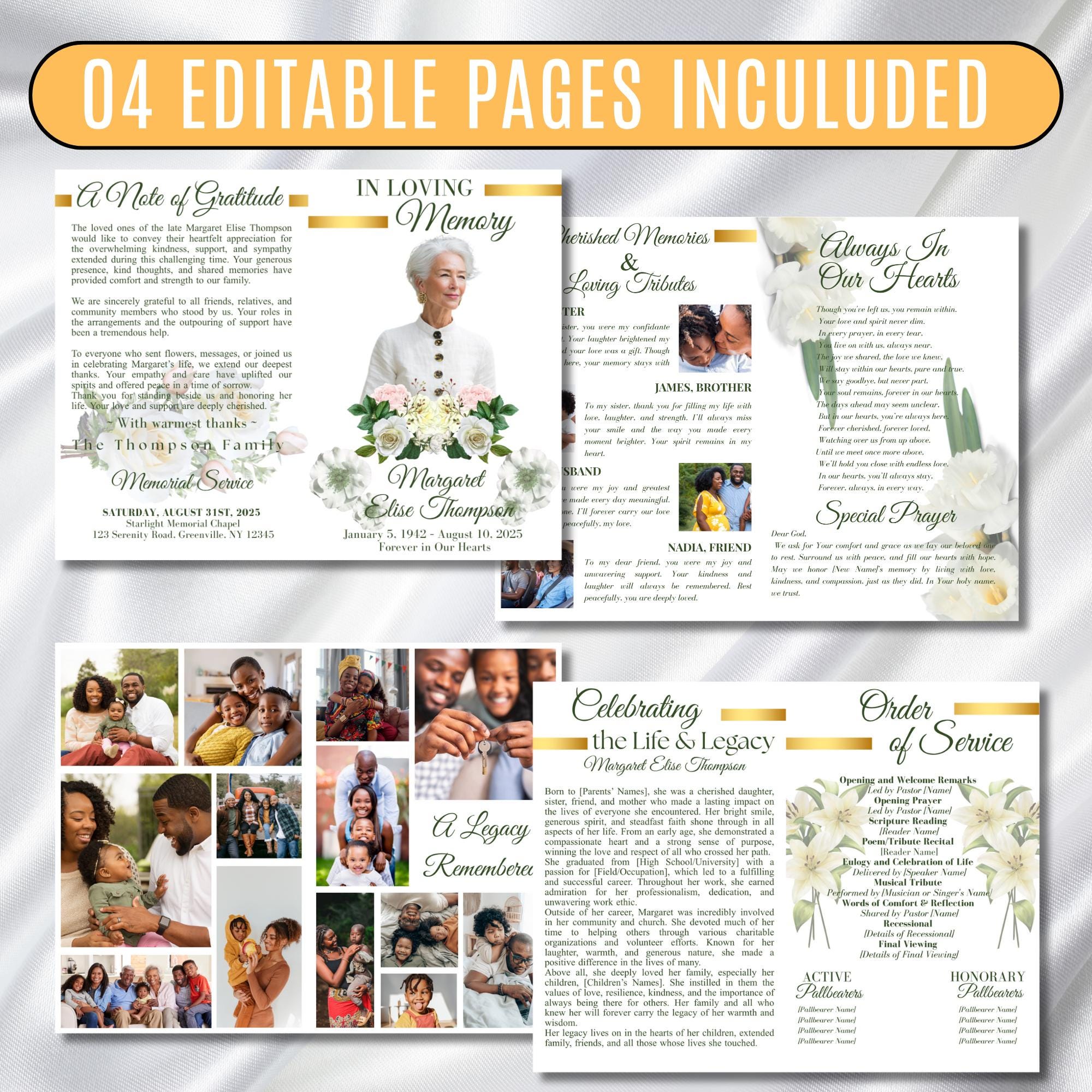 8 Pages Funeral Program Editable Template, Bi-Fold Funeral Program, Obituary Celebration Of Life Program, In Loving Memory, Digital Download - Editable Memorial Canva Template