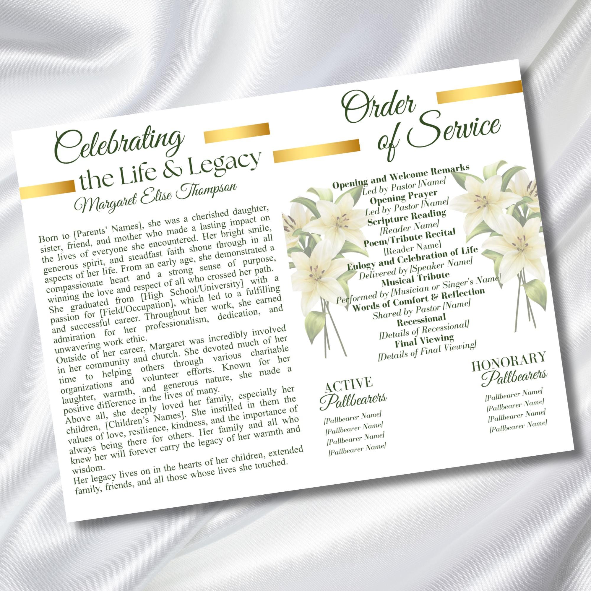 8 Pages Funeral Program Editable Template, Bi-Fold Funeral Program, Obituary Celebration Of Life Program, In Loving Memory, Digital Download - Editable Memorial Canva Template