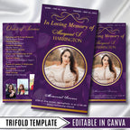 Purple & Gold Funeral Program Template, Tri-Fold(17x11) Funeral Program, Obituary Celebration Of Life Program, In Loving Memory Templates - Editable Memorial Canva Template