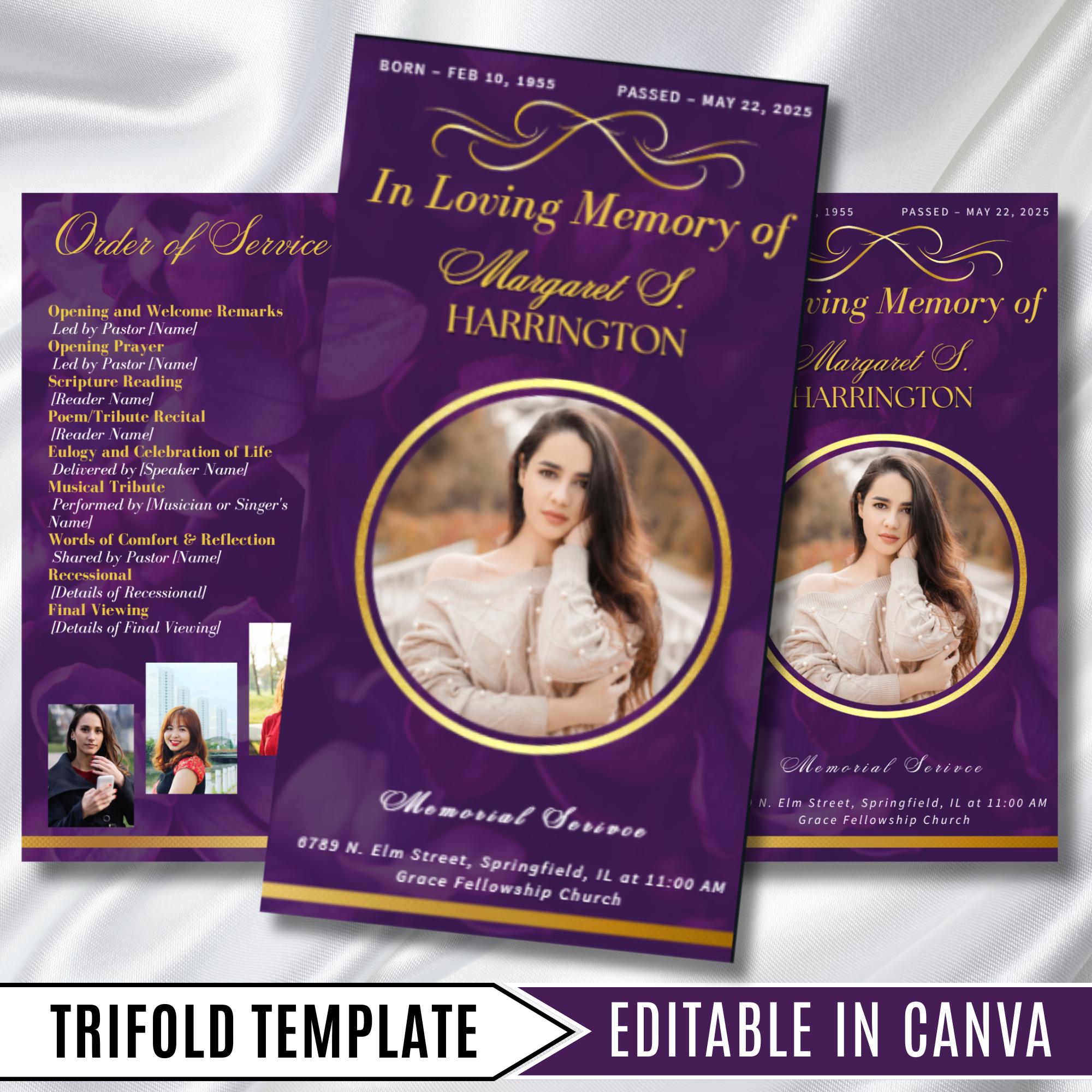 Purple & Gold Funeral Program Template, Tri-Fold(17x11) Funeral Program, Obituary Celebration Of Life Program, In Loving Memory Templates - Editable Memorial Canva Template