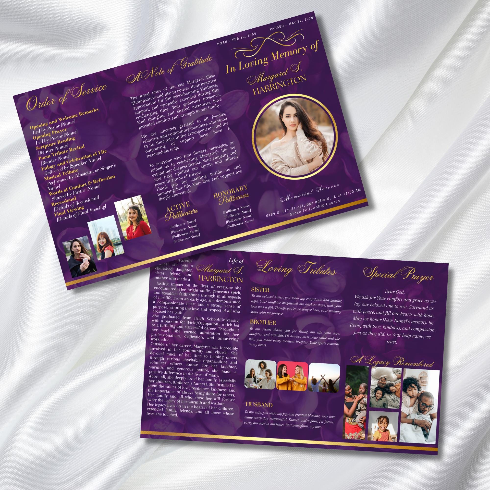 Purple & Gold Funeral Program Template, Tri-Fold(17x11) Funeral Program, Obituary Celebration Of Life Program, In Loving Memory Templates - Editable Memorial Canva Template