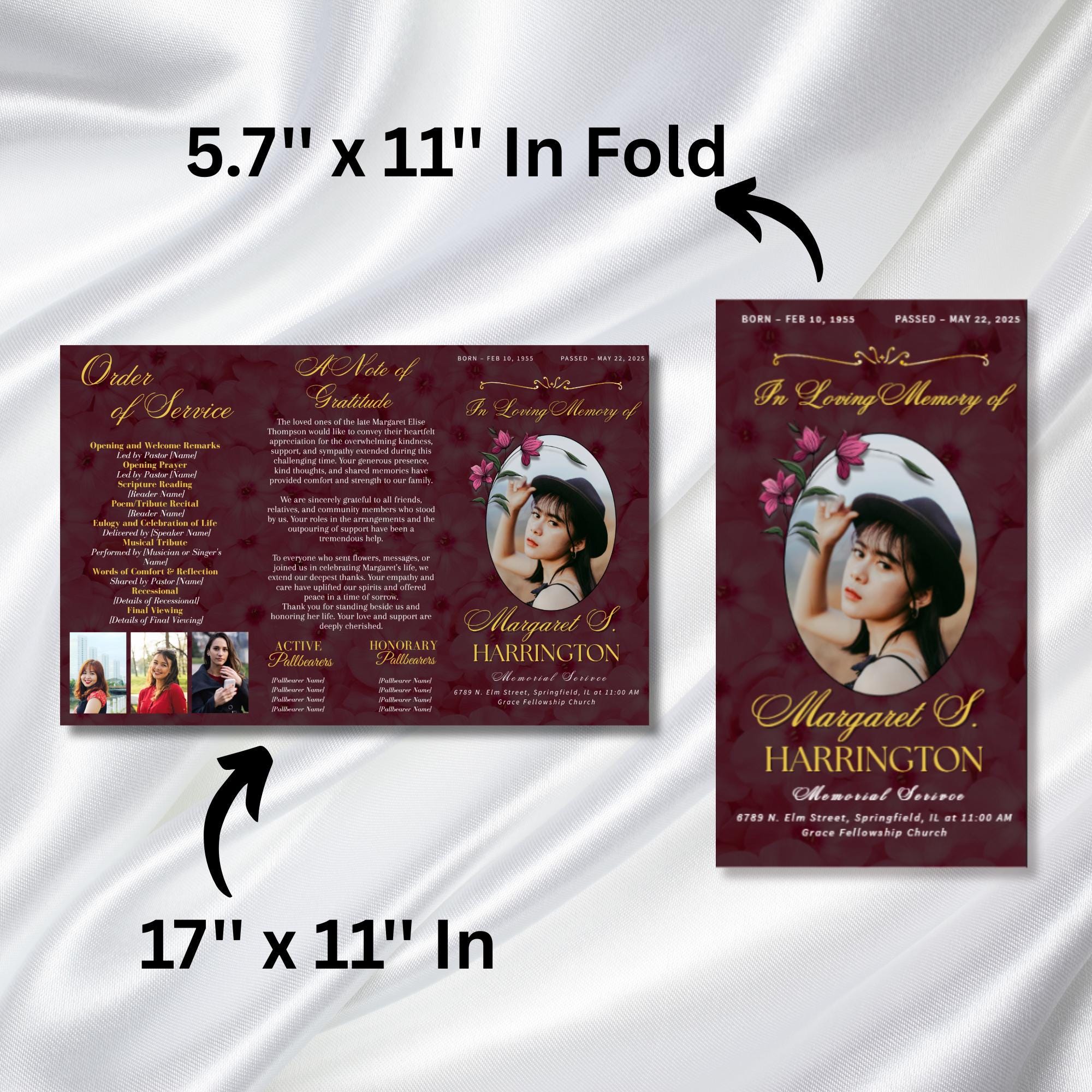 Funeral Program Canva Editable Template, Tri-Fold(17x11) Funeral Program, Obituary Celebration Of Life Program, In Loving Memory Templates - Editable Memorial Canva Template