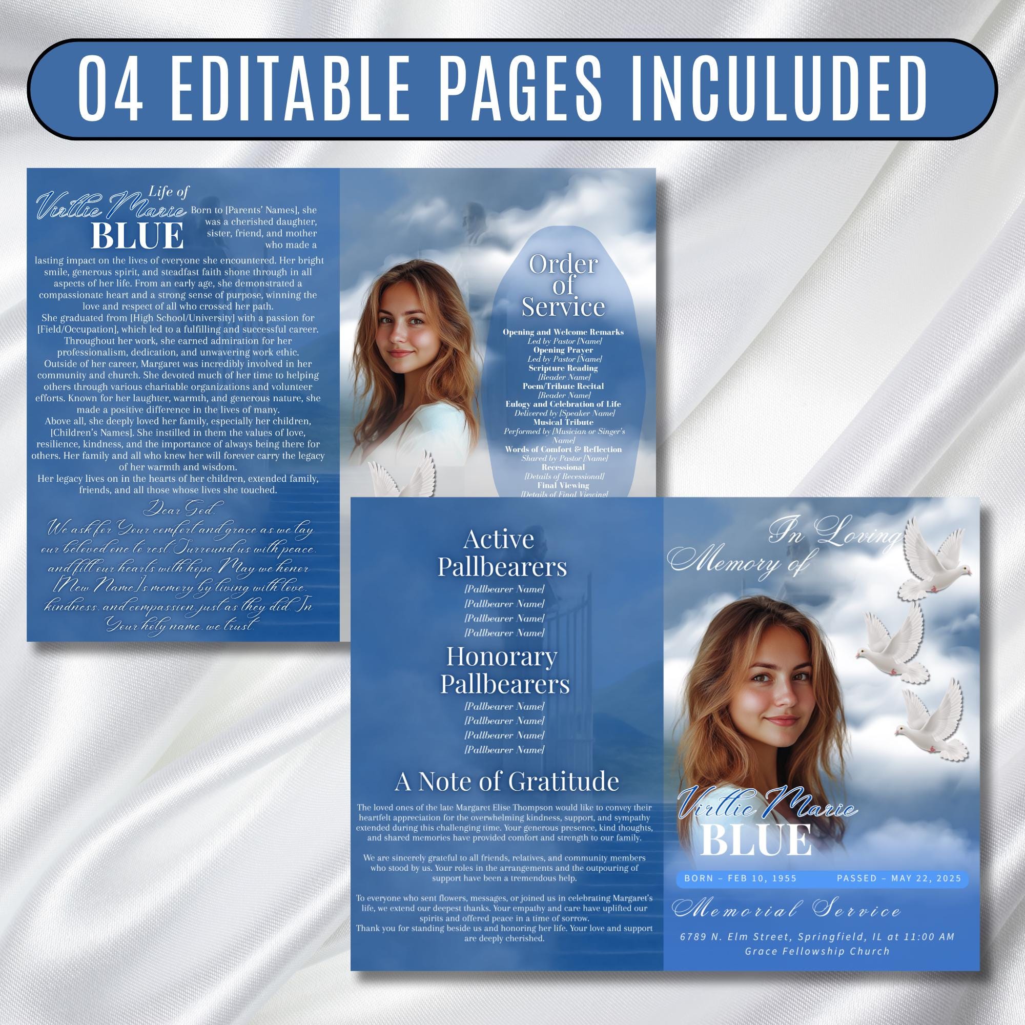 4 Pages Funeral Program Editable Template, Bi-Fold Funeral Program, Obituary Celebration Of Life Program, In Loving Memory, Digital Download - Editable Memorial Canva Template