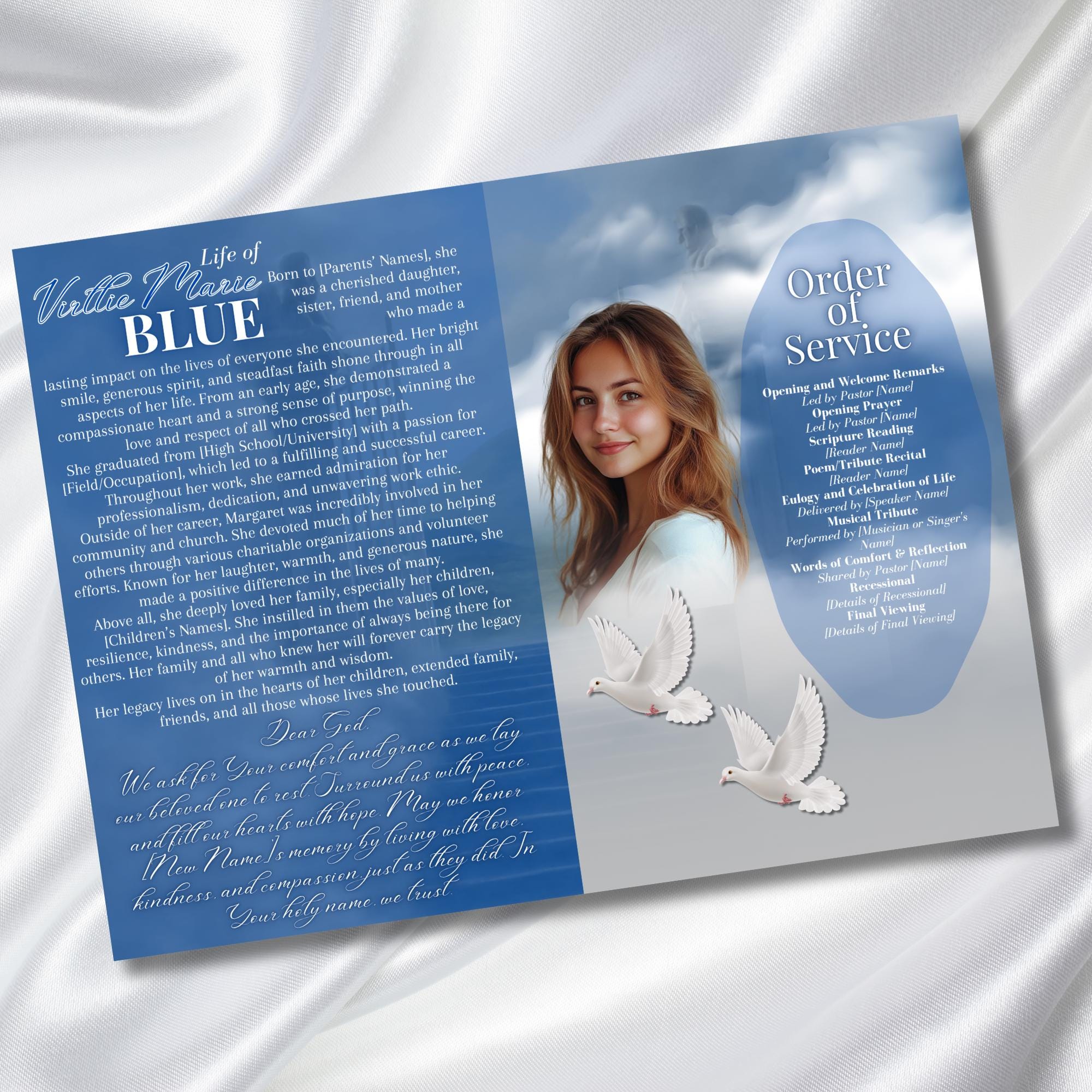 4 Pages Funeral Program Editable Template, Bi-Fold Funeral Program, Obituary Celebration Of Life Program, In Loving Memory, Digital Download - Editable Memorial Canva Template