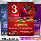6 Pages Pastoral Anniversary Program Template, Memorial Funeral Program, Church Program Template, Obituary Celebration Of Life Program - Editable Memorial Canva Template