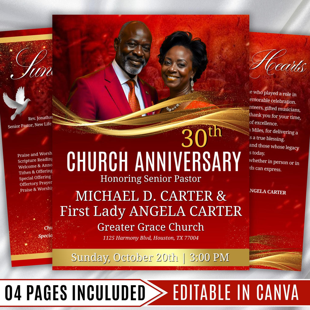 04 Pages Church Anniversary Program Template, Editable Bifold 8.5x11” Design, Church Appreciation Program, Anniversary & Faith Celebration - Editable Memorial Canva Template