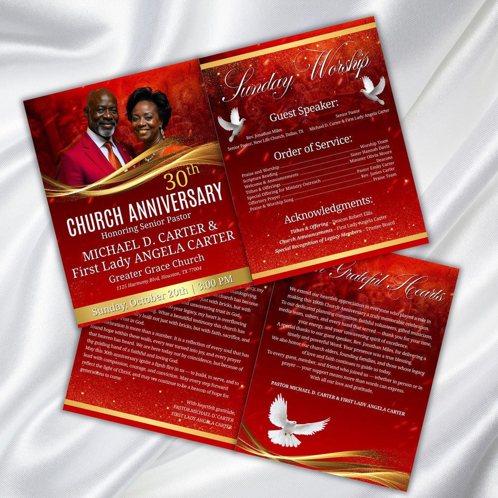 04 Pages Church Anniversary Program Template, Editable Bifold 8.5x11” Design, Church Appreciation Program, Anniversary & Faith Celebration - Editable Memorial Canva Template
