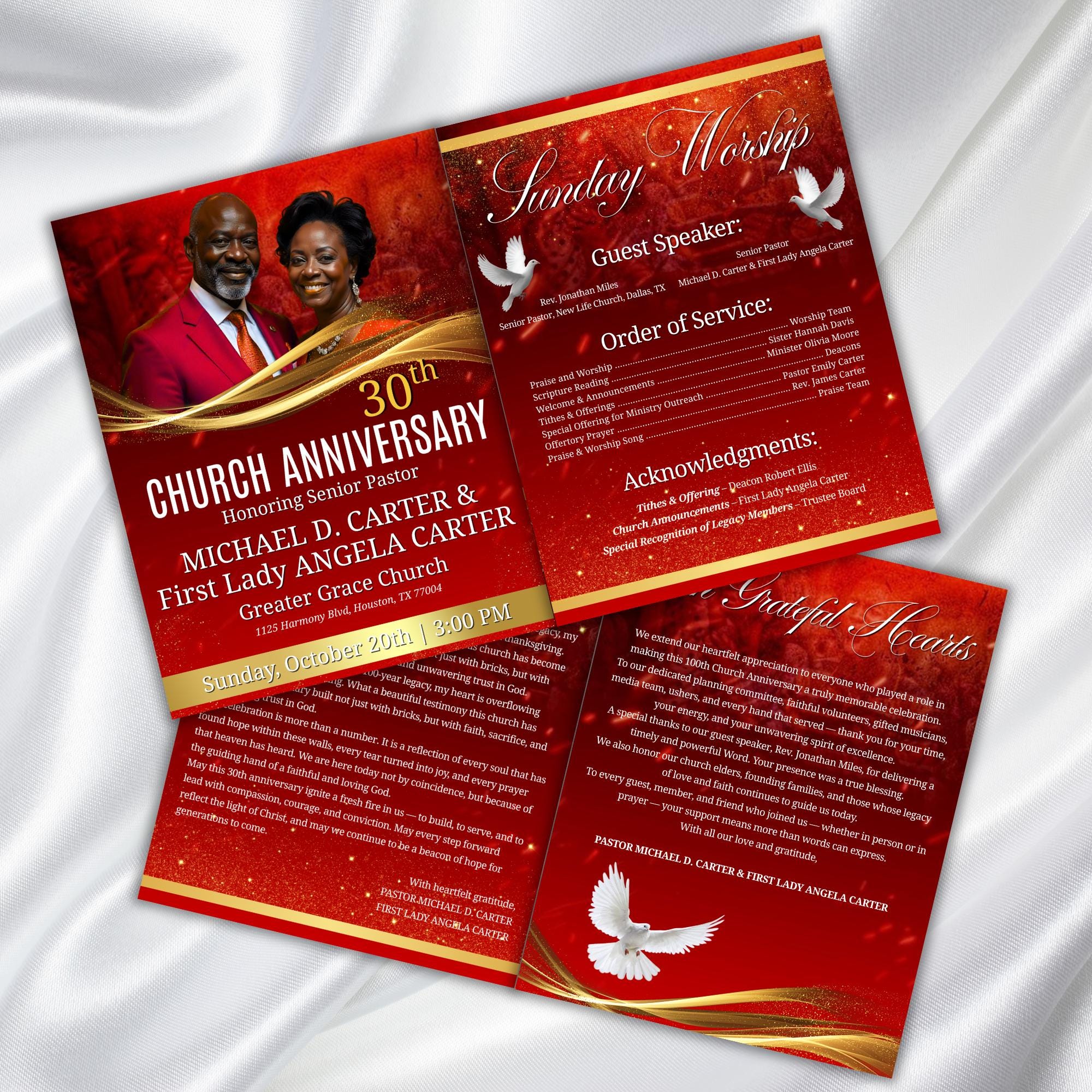04 Pages Church Anniversary Program Template, Editable Bifold 8.5x11” Design, Church Appreciation Program, Anniversary & Faith Celebration - Editable Memorial Canva Template