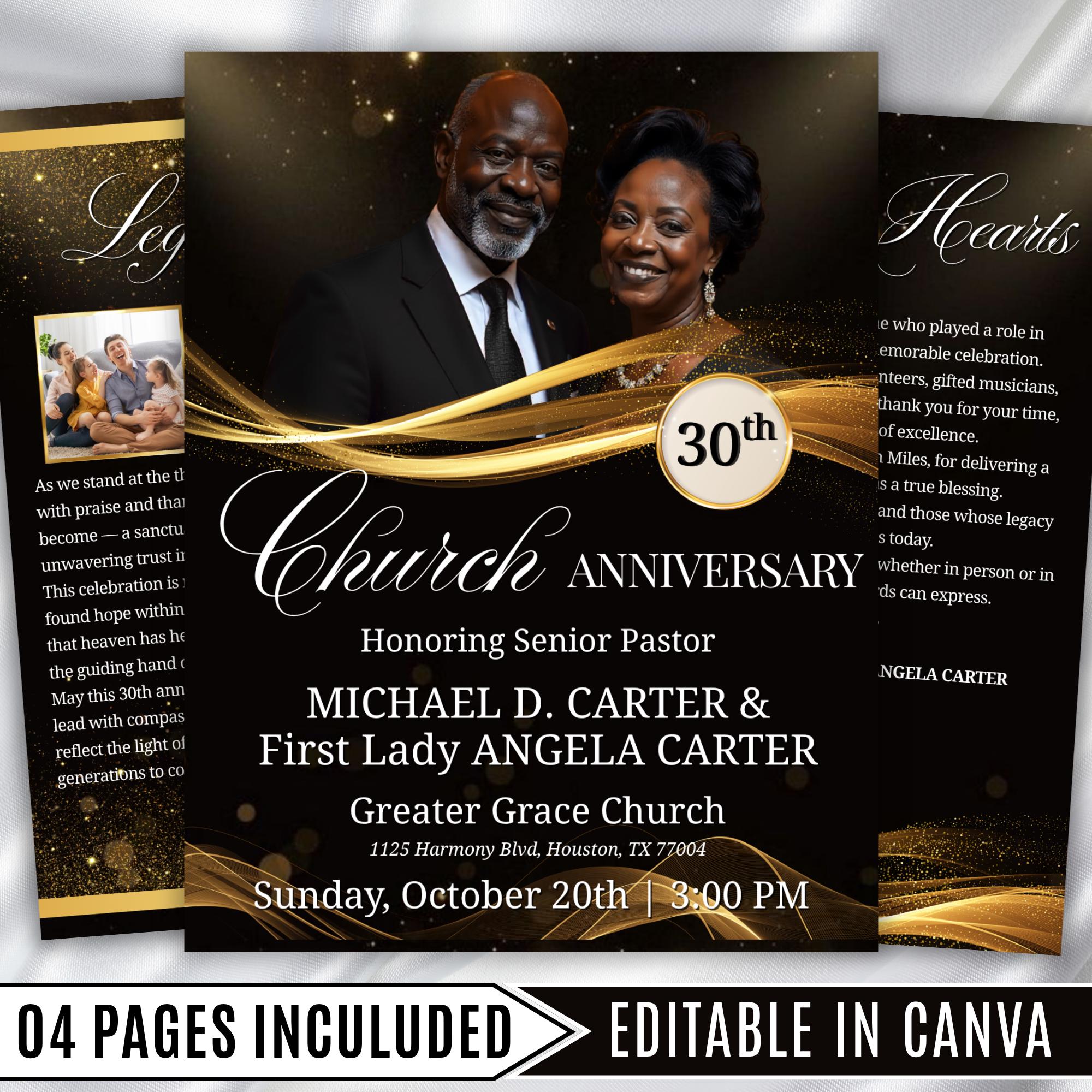 04 Pages Church Anniversary Program Template, Editable Bifold 8.5x11” Design, Church Appreciation Program, Anniversary & Faith Celebration - Editable Memorial Canva Template