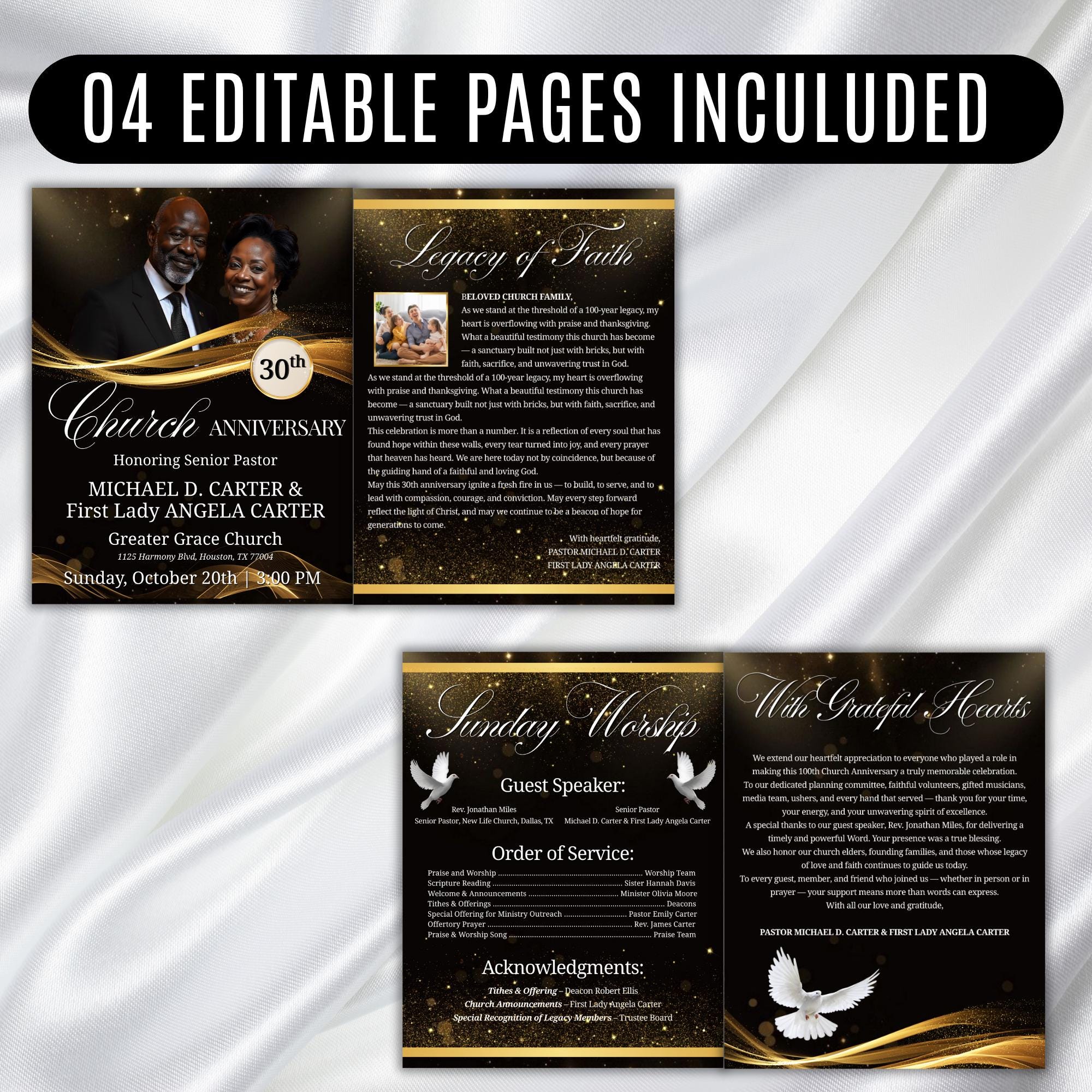 04 Pages Church Anniversary Program Template, Editable Bifold 8.5x11” Design, Church Appreciation Program, Anniversary & Faith Celebration - Editable Memorial Canva Template
