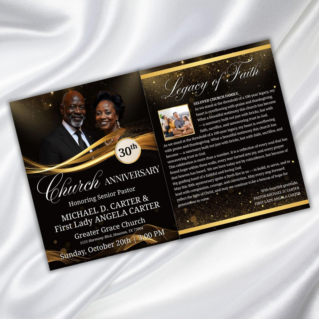04 Pages Church Anniversary Program Template, Editable Bifold 8.5x11” Design, Church Appreciation Program, Anniversary & Faith Celebration - Editable Memorial Canva Template