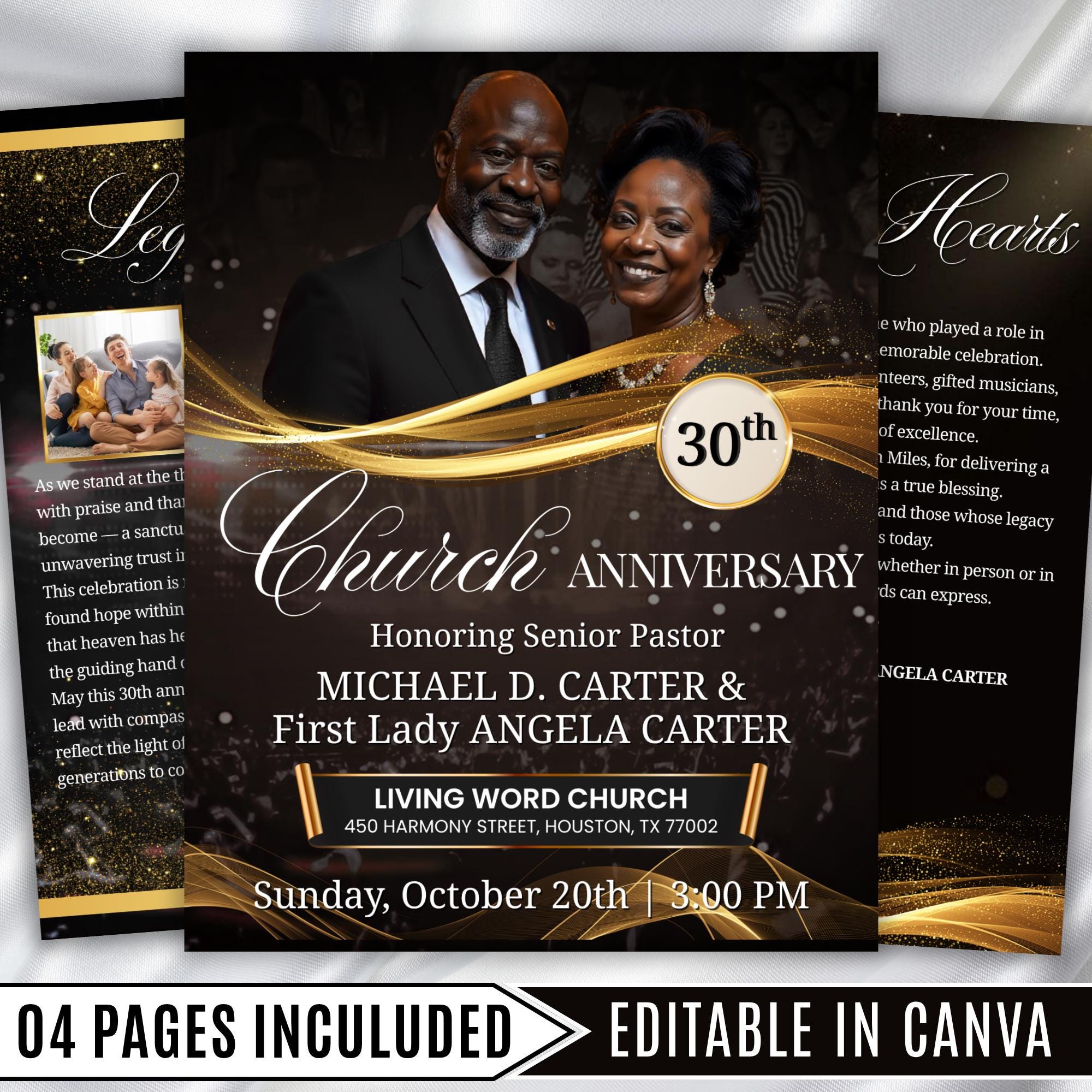 04 Pages Church Anniversary Program Template, Editable Bifold 8.5x11” Design, Church Appreciation Program, Anniversary & Faith Celebration - Editable Memorial Canva Template