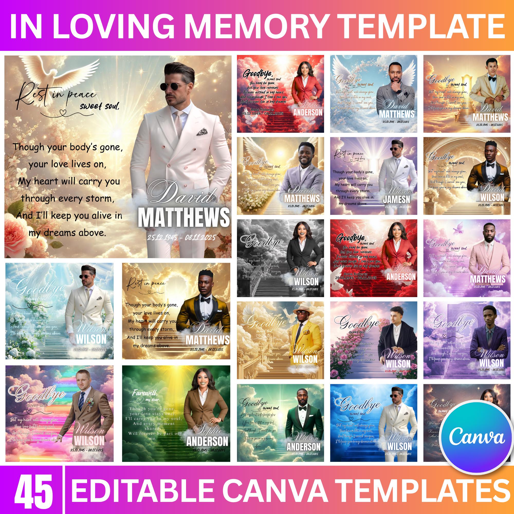 45 In Loving Memory Canva Editable Templates, Memorial Canva Editable Designs, Rest In Peace Template, Funeral & Celebration of Life - Editable Memorial Canva Template