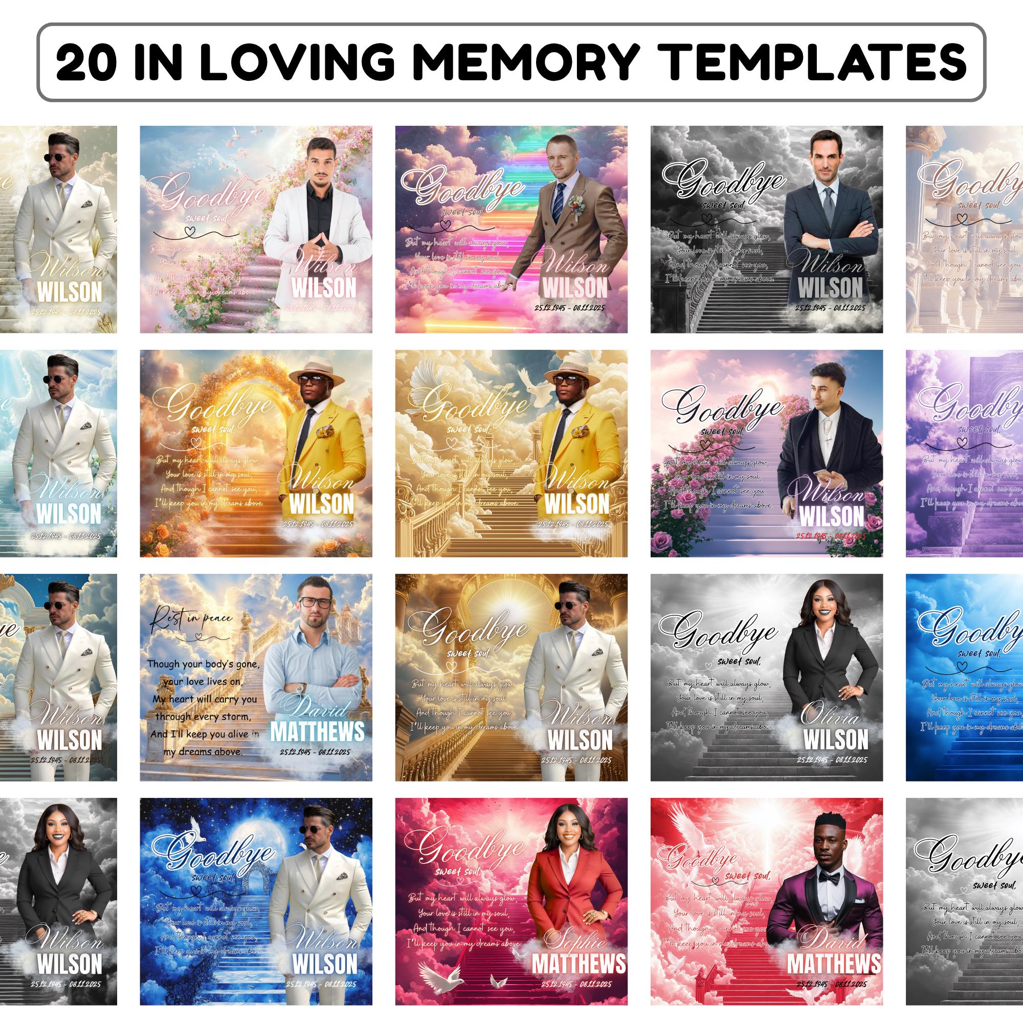 20 Memorial Canva Editable Designs, In Loving Memory Canva Editable Templates, Rest In Peace Template, Funeral & Celebration of Life - Editable Memorial Canva Template