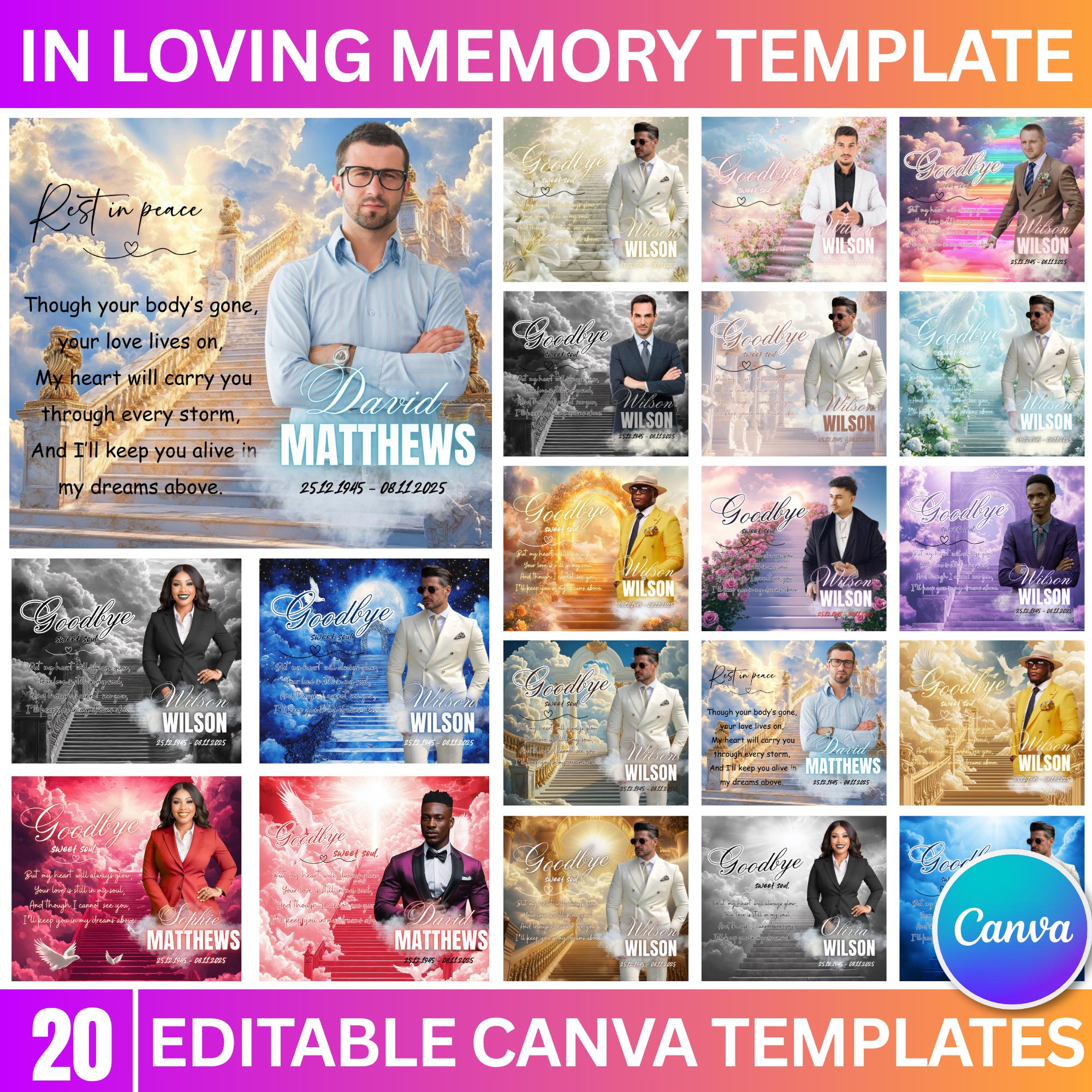 20 Memorial Canva Editable Designs, In Loving Memory Canva Editable Templates, Rest In Peace Template, Funeral & Celebration of Life - Editable Memorial Canva Template