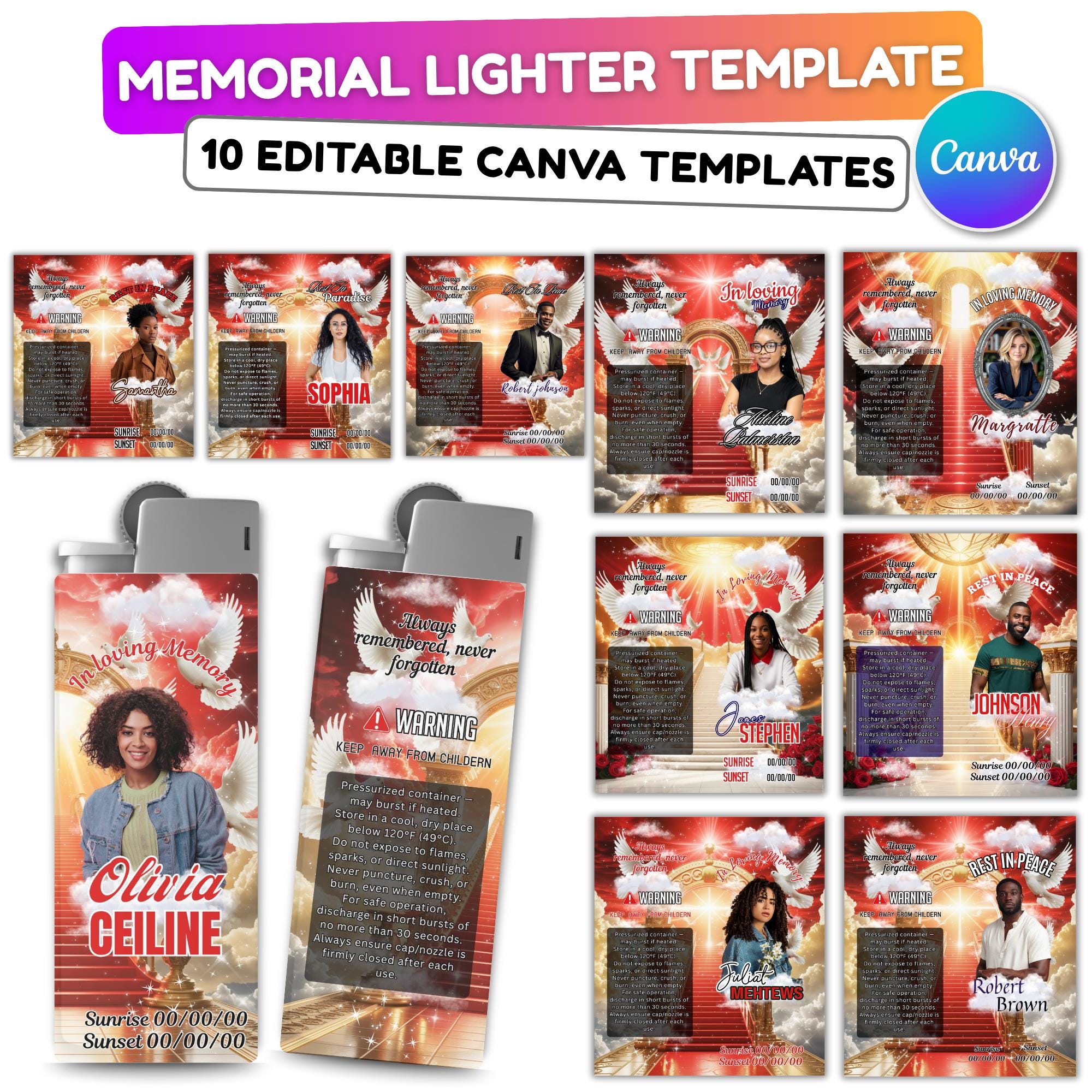 10 Memorial Red Lighter Canva Editable Template, In Loving Memory Template, RIP Lighter Label, Memorial Funeral Keeksake, Digital Download - Editable Memorial Canva Template