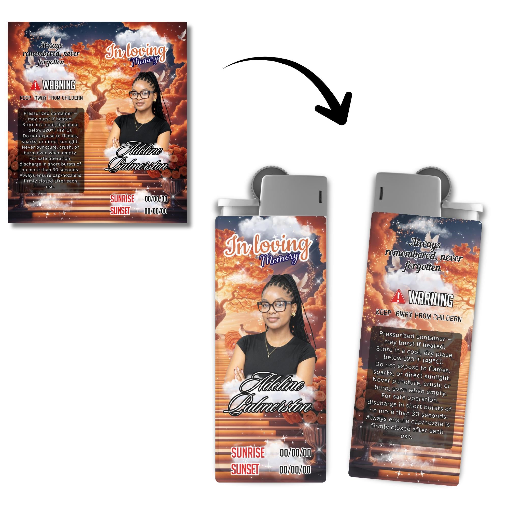 10 Memorial Orange Lighter Canva Editable Template, In Loving Memory Template, RIP Lighter Label, Memorial Funeral Keeksake,Digital Download - Editable Memorial Canva Template