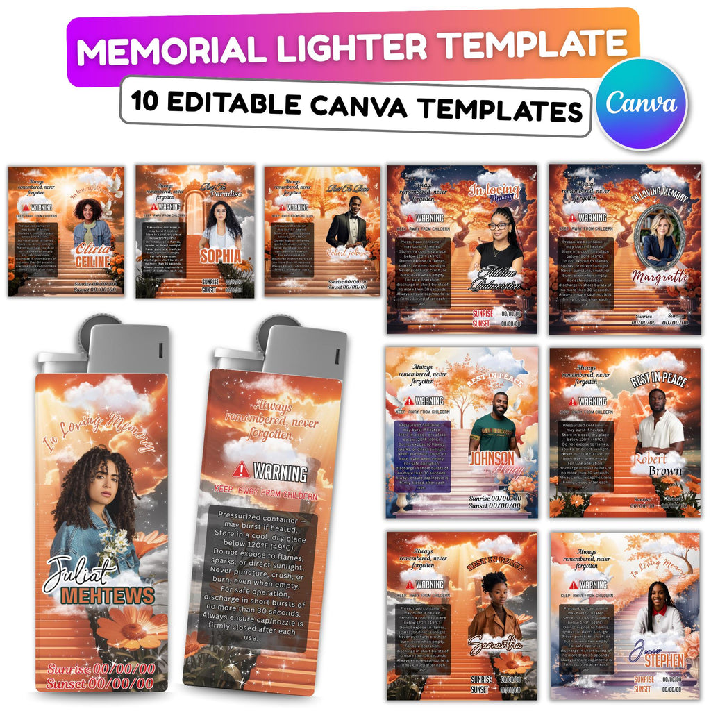 10 Memorial Orange Lighter Canva Editable Template, In Loving Memory Template, RIP Lighter Label, Memorial Funeral Keeksake,Digital Download - Editable Memorial Canva Template