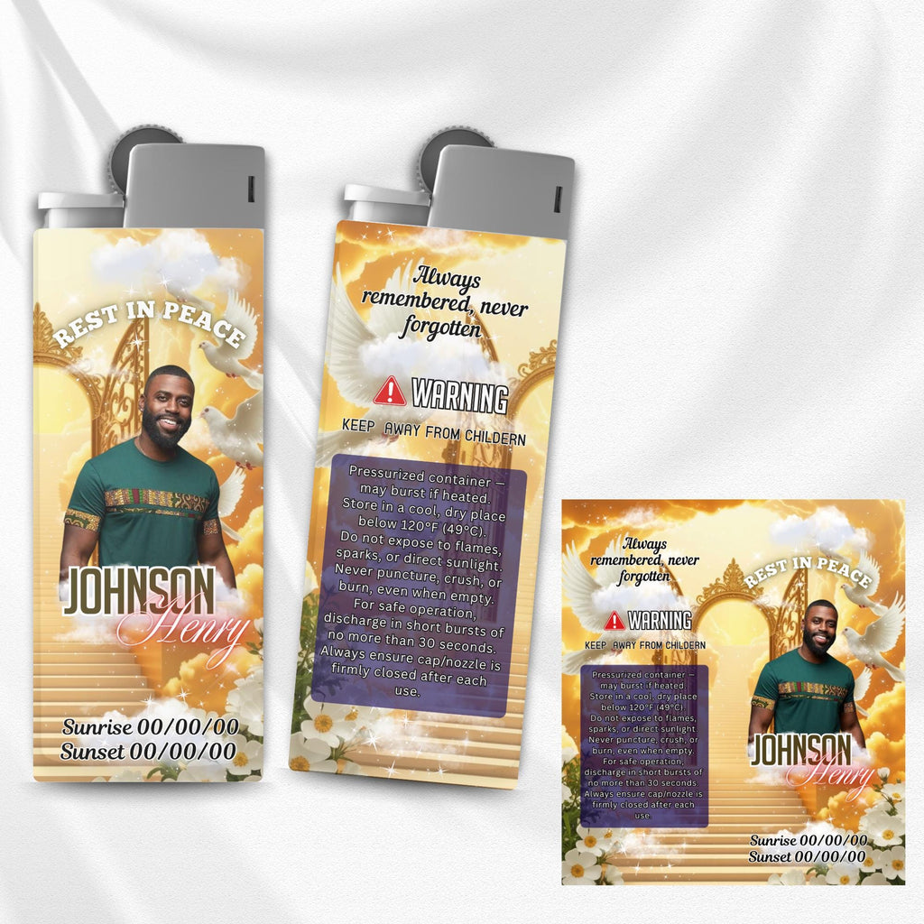 10 Memorial Yellow Lighter Canva Editable Template, In Loving Memory Template, RIP Lighter Label, Memorial Funeral Keeksake,Digital Download - Editable Memorial Canva Template
