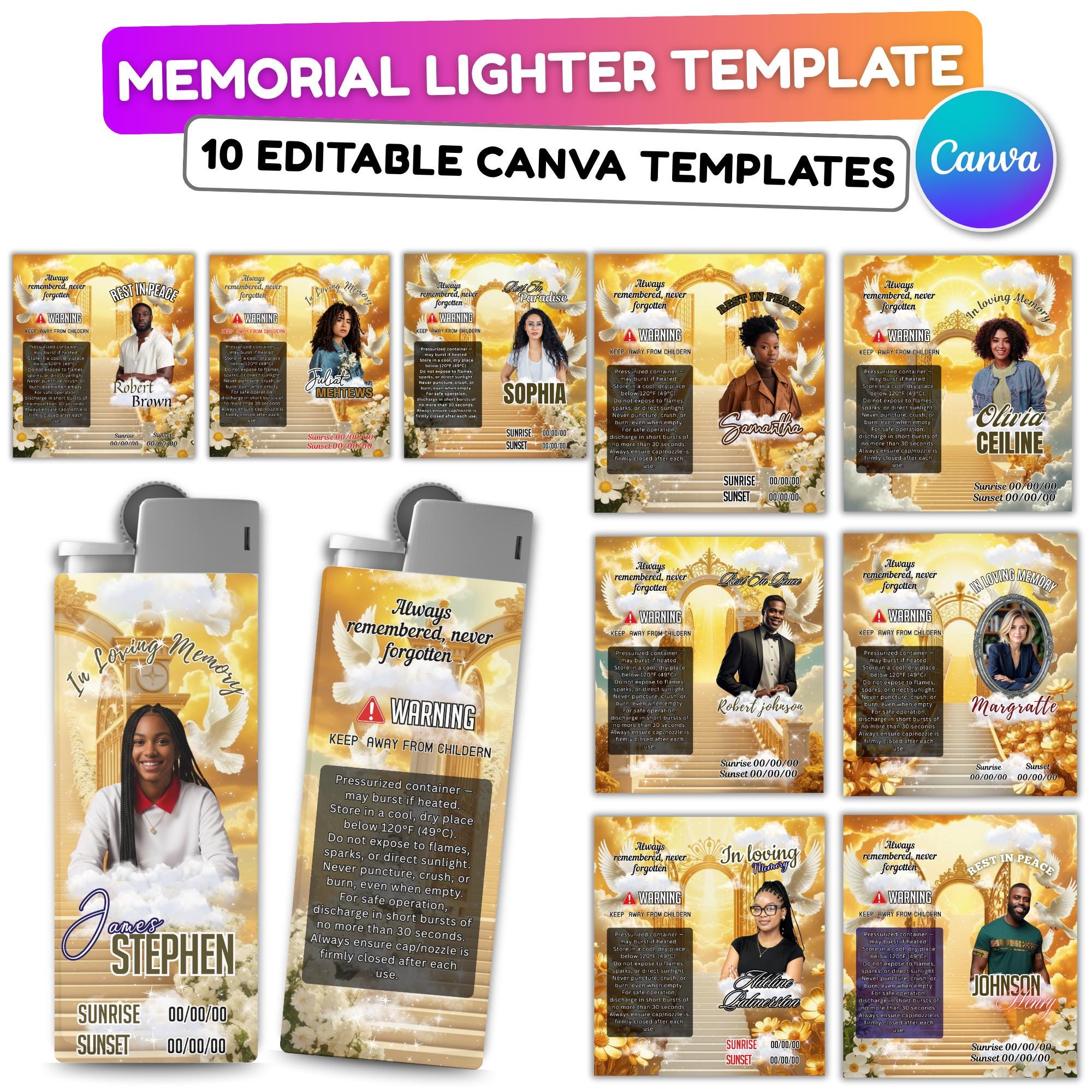 10 Memorial Yellow Lighter Canva Editable Template, In Loving Memory Template, RIP Lighter Label, Memorial Funeral Keeksake,Digital Download - Editable Memorial Canva Template