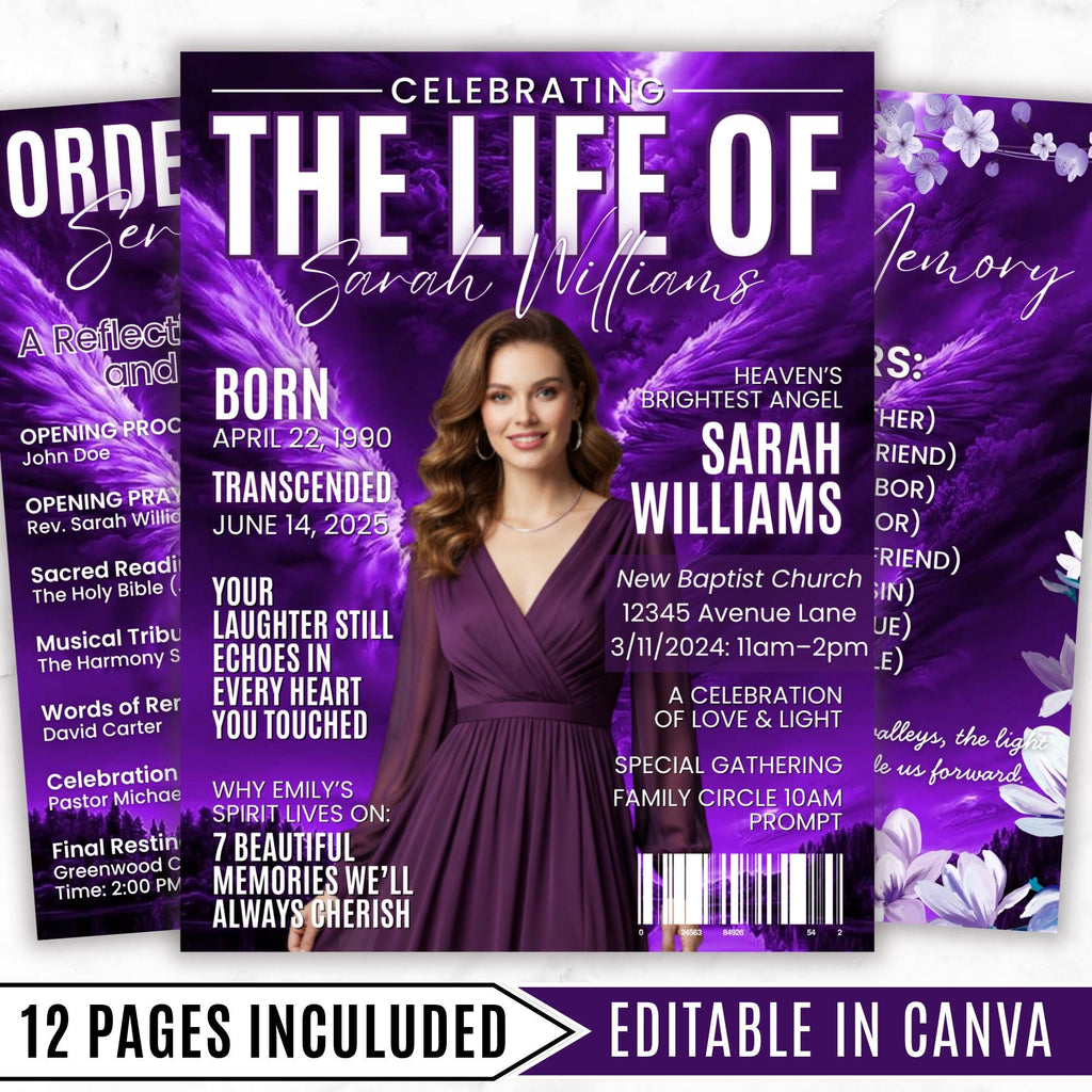 12 Page Purple Memorial Essence Magazine Template, Celebration of Life Program & Keepsake, Obituary Celebration Of Life Program - Editable Memorial Canva Template
