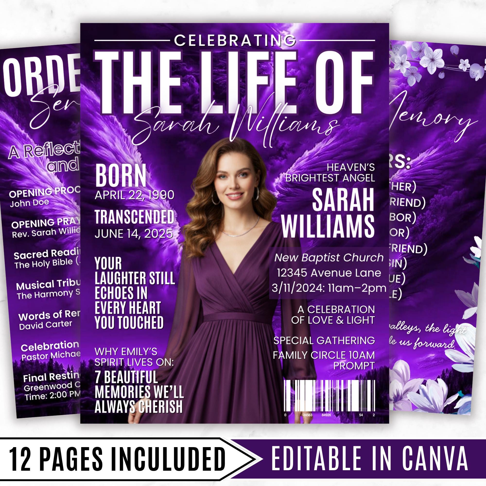 12 Page Purple Memorial Essence Magazine Template, Celebration of Life Program & Keepsake, Obituary Celebration Of Life Program - Editable Memorial Canva Template