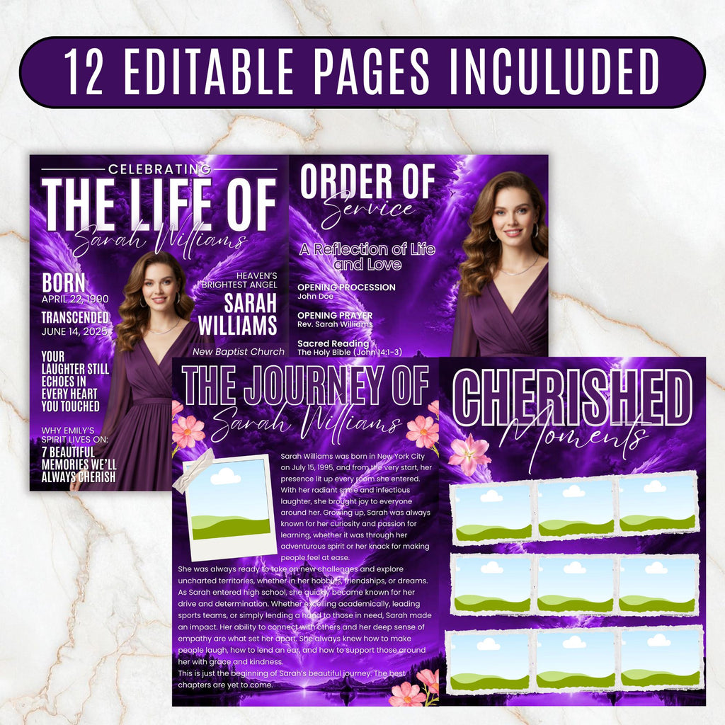 12 Page Purple Memorial Essence Magazine Template, Celebration of Life Program & Keepsake, Obituary Celebration Of Life Program - Editable Memorial Canva Template