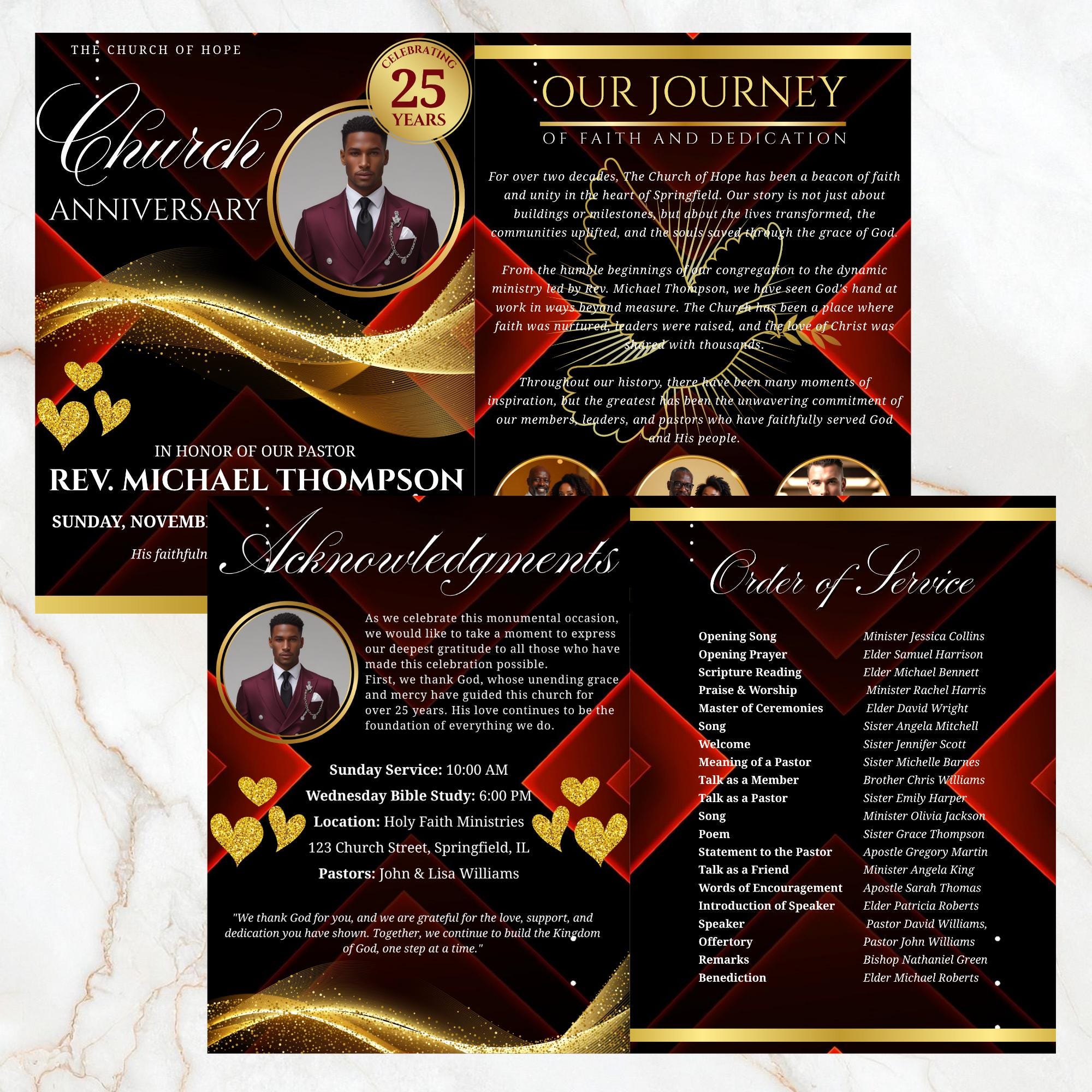 04 Pages Church Anniversary Program Template, Editable Bifold 8.5x11” Design, Church Appreciation Program, Anniversary & Faith Celebration - Editable Memorial Canva Template
