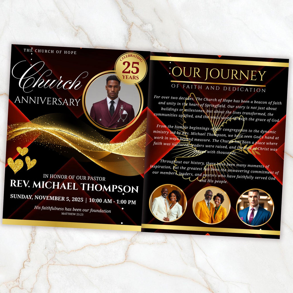 04 Pages Church Anniversary Program Template, Editable Bifold 8.5x11” Design, Church Appreciation Program, Anniversary & Faith Celebration - Editable Memorial Canva Template