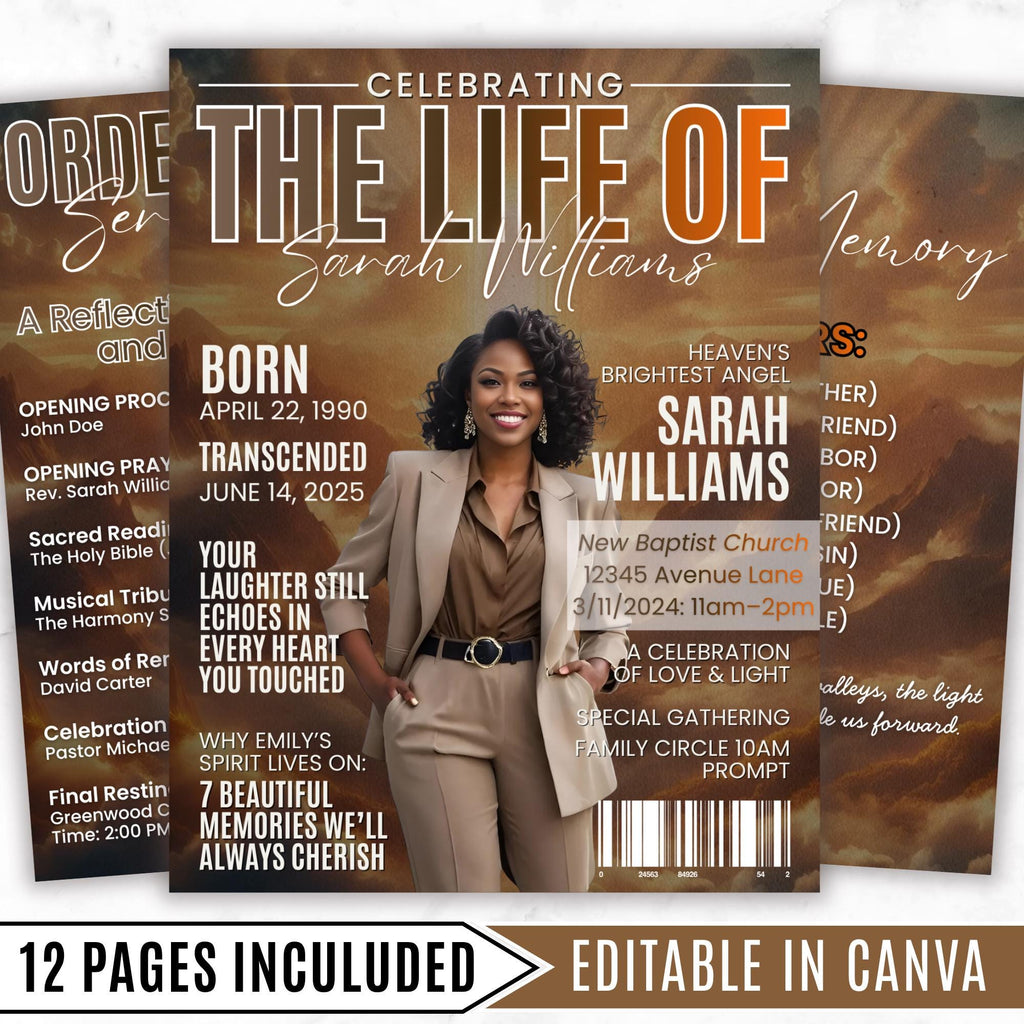 12 Page Memorial Essence Magazine Template, Celebration of Life Program & Keepsake, Obituary Celebration Of Life Program - Editable Memorial Canva Template