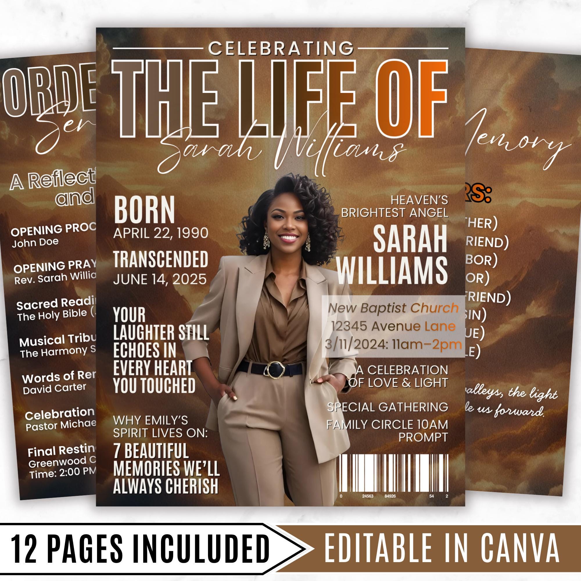 12 Page Memorial Essence Magazine Template, Celebration of Life Program & Keepsake, Obituary Celebration Of Life Program - Editable Memorial Canva Template