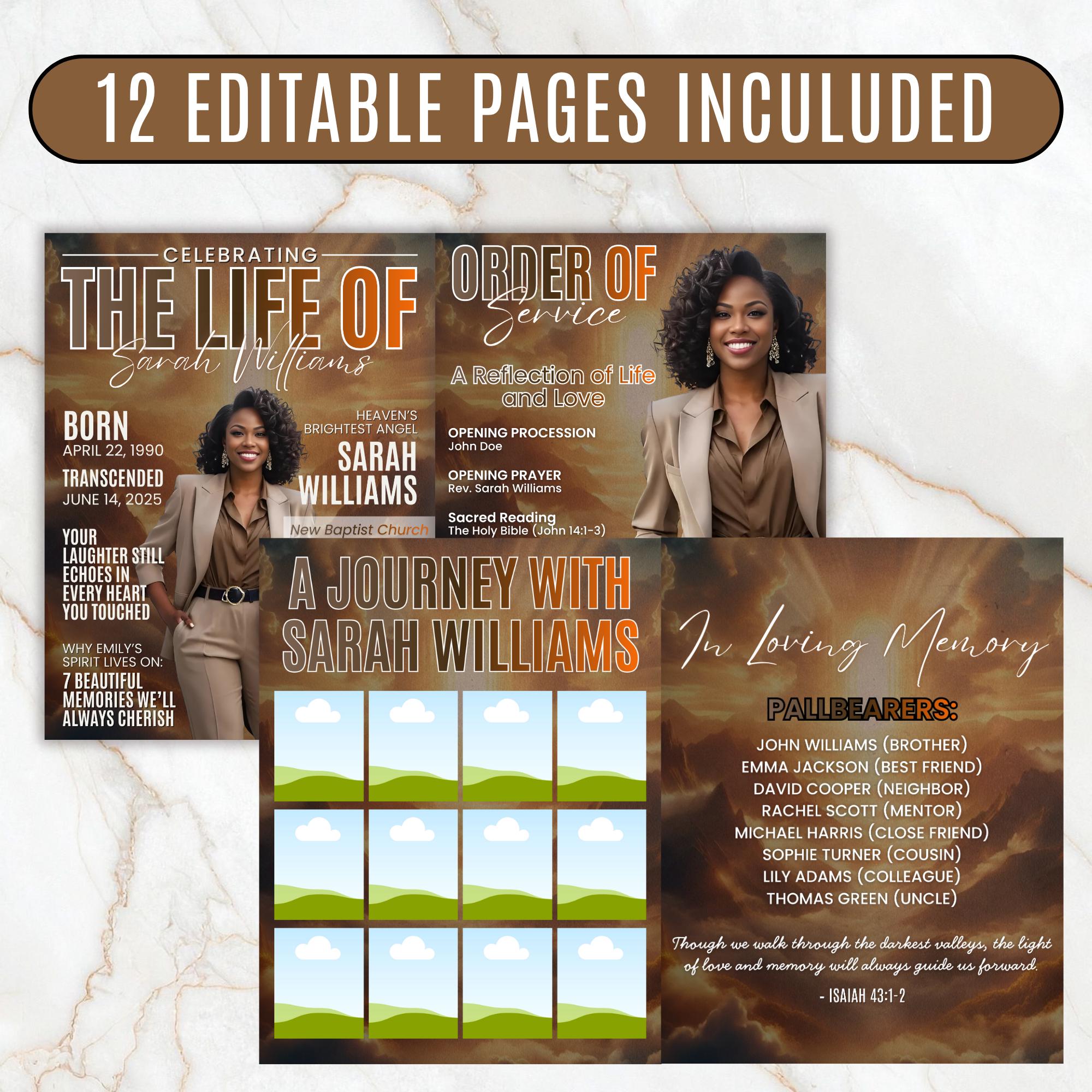 12 Page Memorial Essence Magazine Template, Celebration of Life Program & Keepsake, Obituary Celebration Of Life Program - Editable Memorial Canva Template