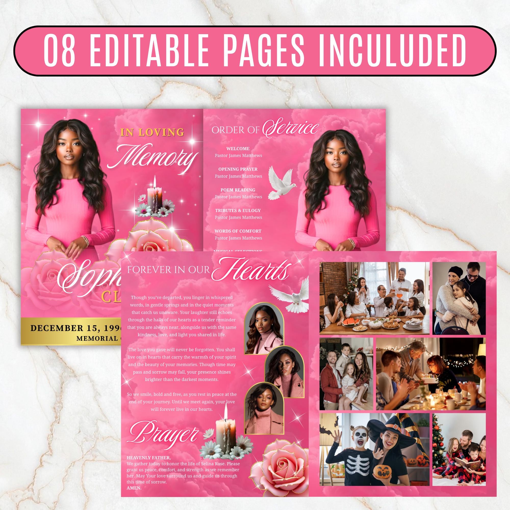 08 Pages Memorial Pink Funeral Program Template, Editable Bifold 8.5x11” Design, Obituary Celebration Of Life Program, Digital Download - Editable Memorial Canva Template