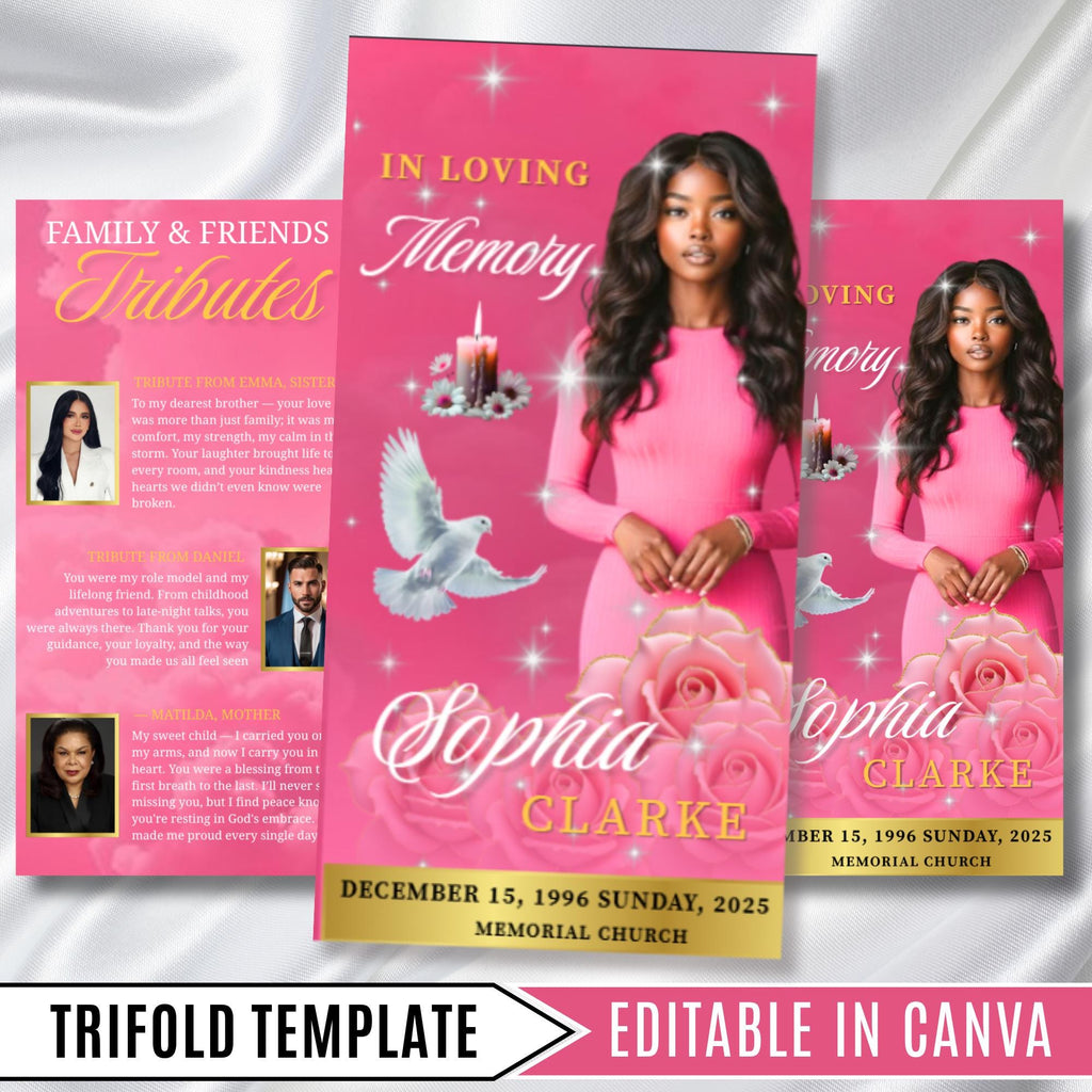 Pink & Gold Funeral Program Template, Tri-Fold(17x11) Funeral Program, Obituary Celebration Of Life Program, In Loving Memory Templates - Editable Memorial Canva Template