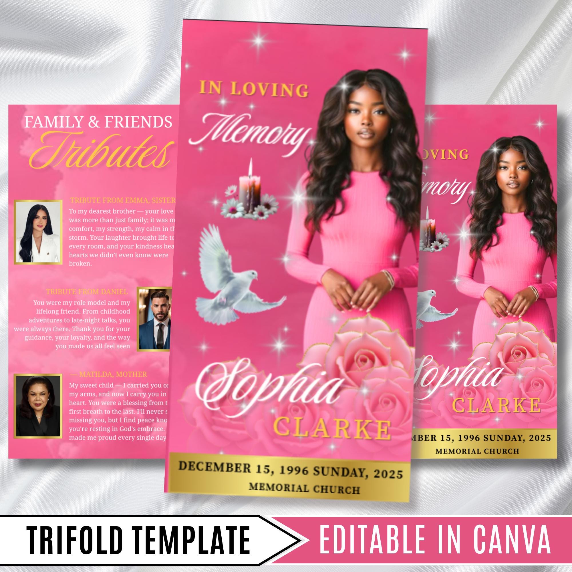 Pink & Gold Funeral Program Template, Tri-Fold(17x11) Funeral Program, Obituary Celebration Of Life Program, In Loving Memory Templates - Editable Memorial Canva Template