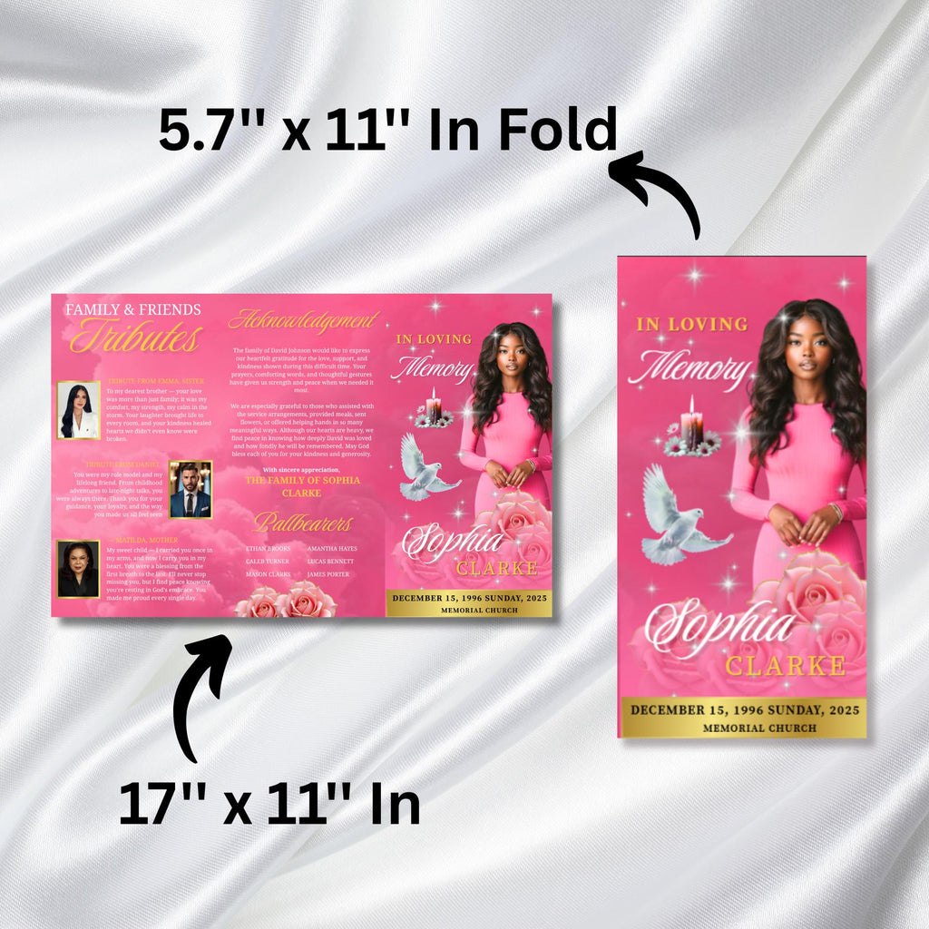 Pink & Gold Funeral Program Template, Tri-Fold(17x11) Funeral Program, Obituary Celebration Of Life Program, In Loving Memory Templates - Editable Memorial Canva Template