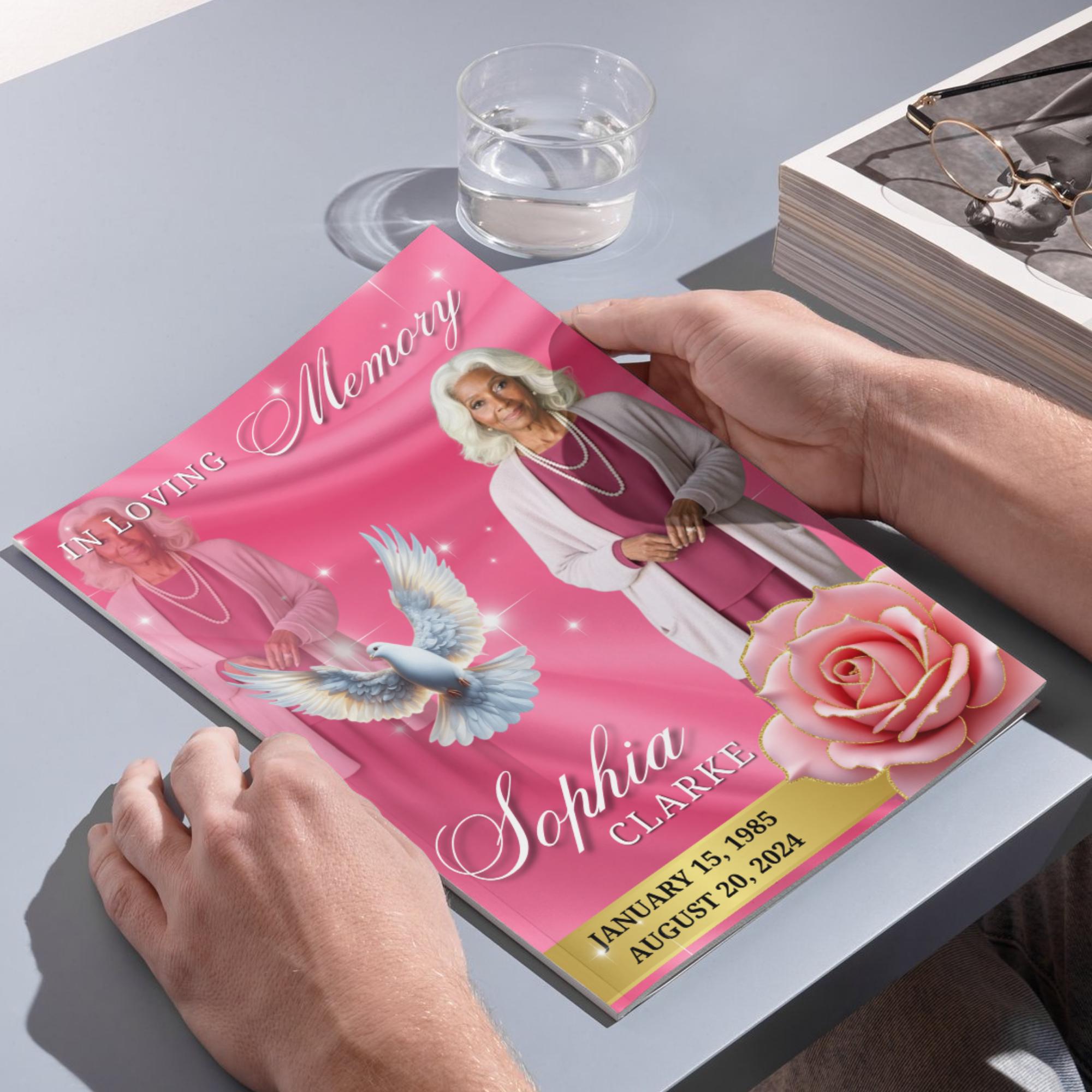 08 Pages Memorial Pink Funeral Program Template, Editable Bifold 8.5x11” Design, Obituary Celebration Of Life Program, Digital Download - Editable Memorial Canva Template