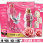 08 Pages Memorial Pink Funeral Program Template, Editable Bifold 8.5x11” Design, Obituary Celebration Of Life Program, Digital Download - Editable Memorial Canva Template