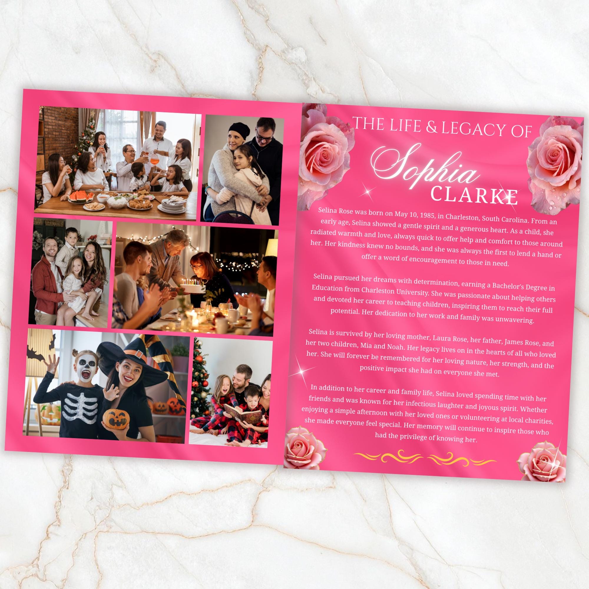 08 Pages Memorial Pink Funeral Program Template, Editable Bifold 8.5x11” Design, Obituary Celebration Of Life Program, Digital Download - Editable Memorial Canva Template