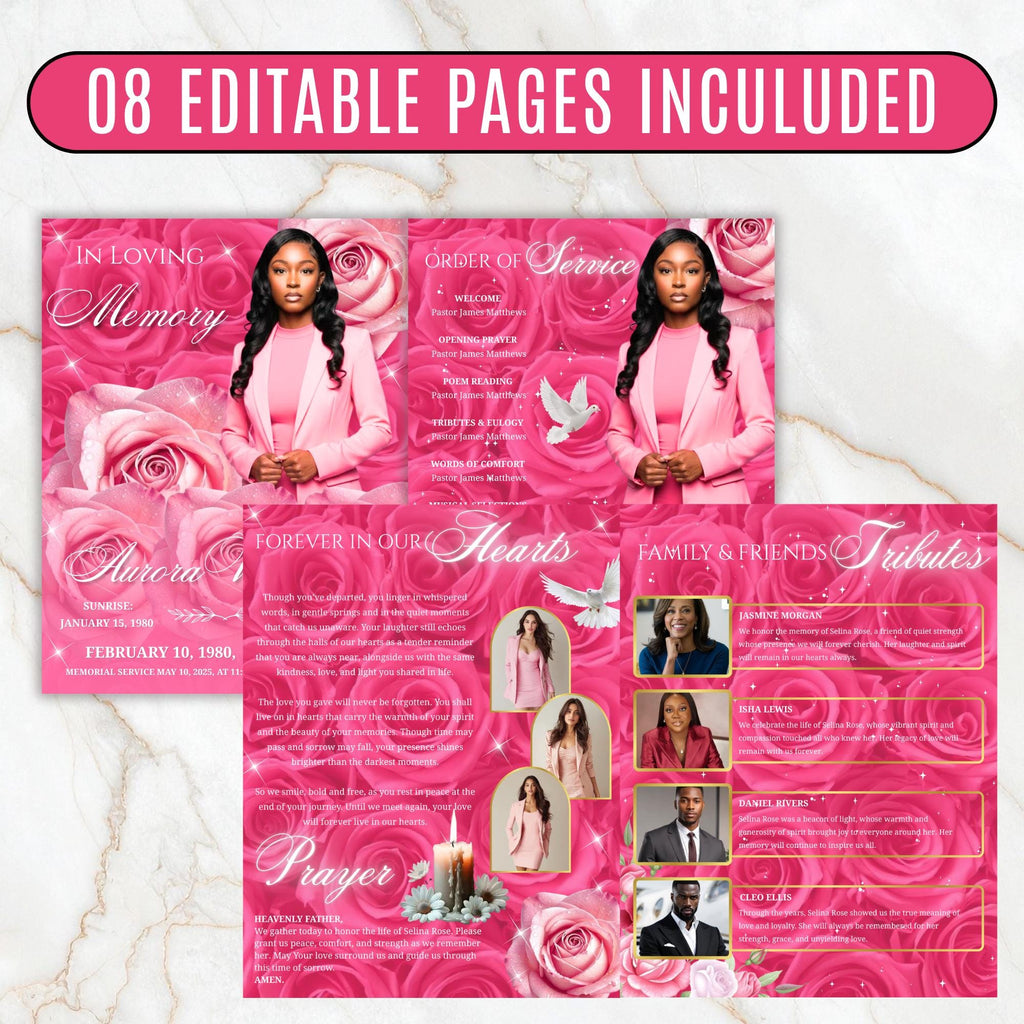 08 Pages Memorial Roses Pink Funeral Program Template, Editable Bifold 8.5x11” Design, Obituary Celebration Of Life Program,Digital Download - Editable Memorial Canva Template