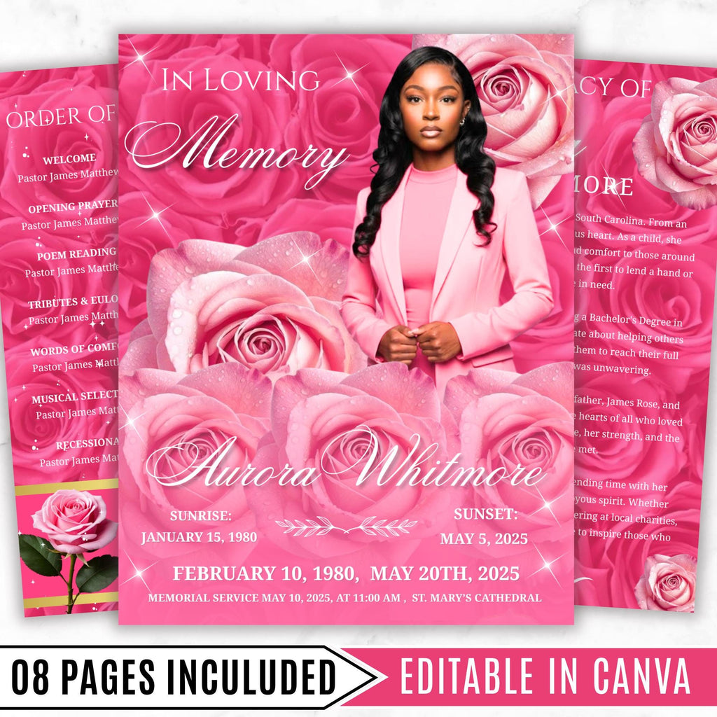 08 Pages Memorial Roses Pink Funeral Program Template, Editable Bifold 8.5x11” Design, Obituary Celebration Of Life Program,Digital Download - Editable Memorial Canva Template