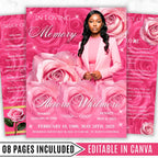 08 Pages Memorial Roses Pink Funeral Program Template, Editable Bifold 8.5x11” Design, Obituary Celebration Of Life Program,Digital Download - Editable Memorial Canva Template