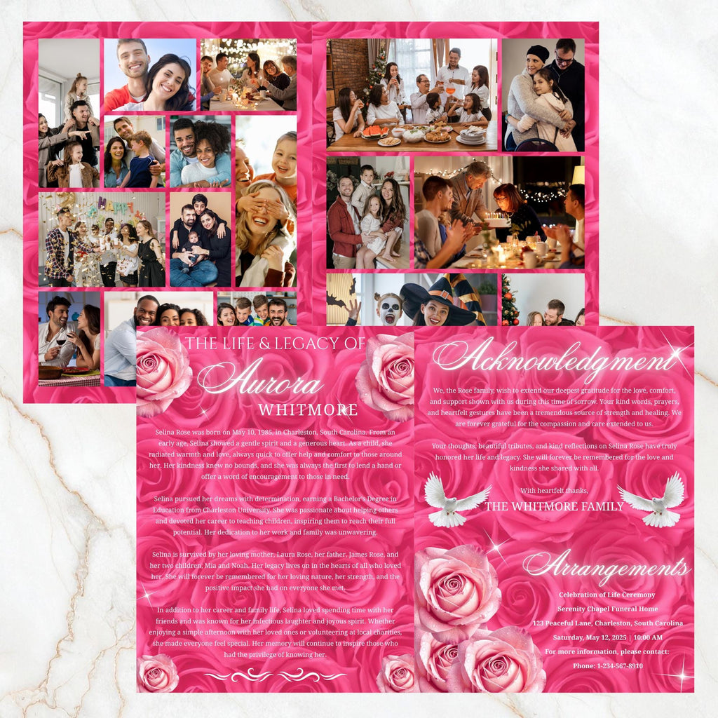 08 Pages Memorial Roses Pink Funeral Program Template, Editable Bifold 8.5x11” Design, Obituary Celebration Of Life Program,Digital Download - Editable Memorial Canva Template