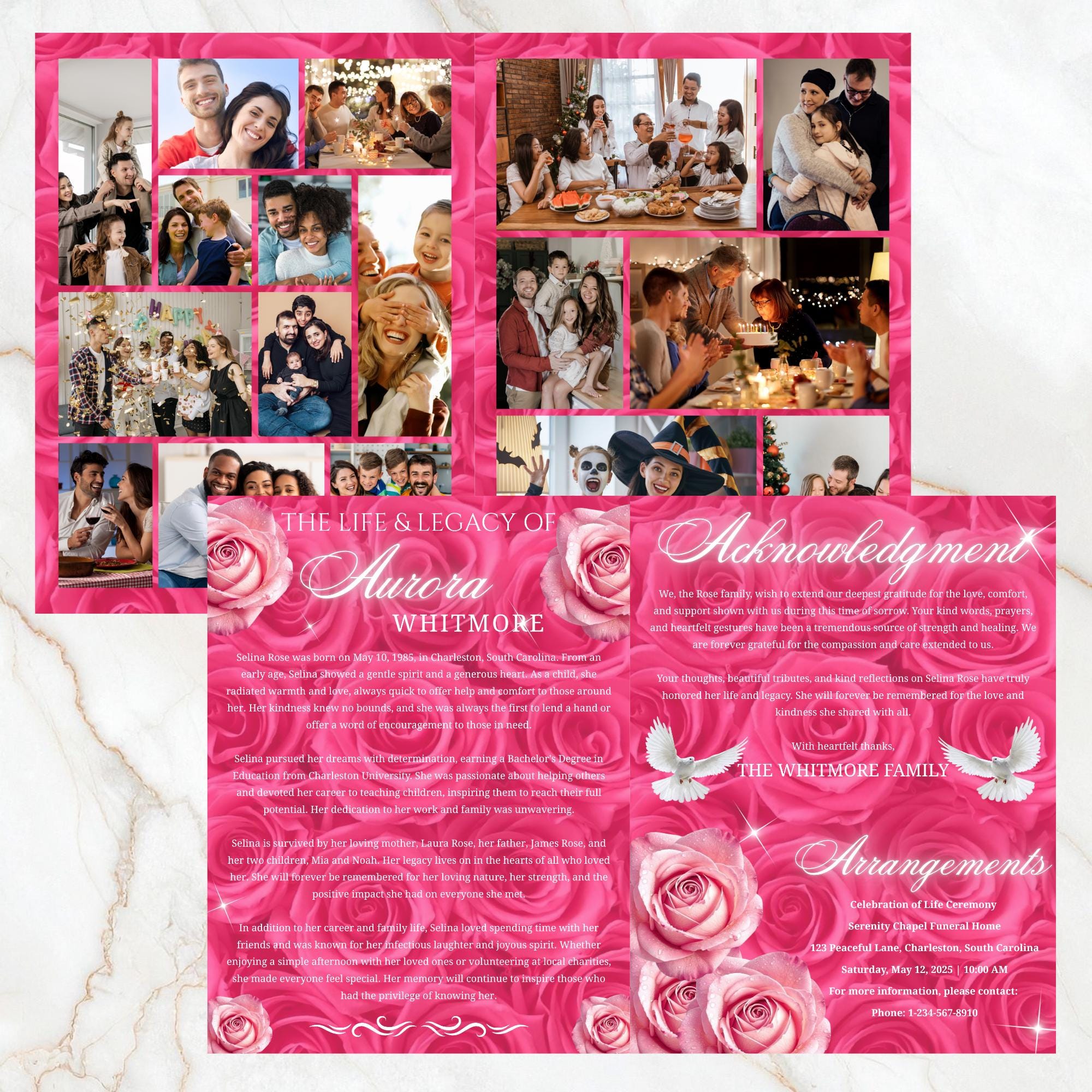 08 Pages Memorial Roses Pink Funeral Program Template, Editable Bifold 8.5x11” Design, Obituary Celebration Of Life Program,Digital Download - Editable Memorial Canva Template